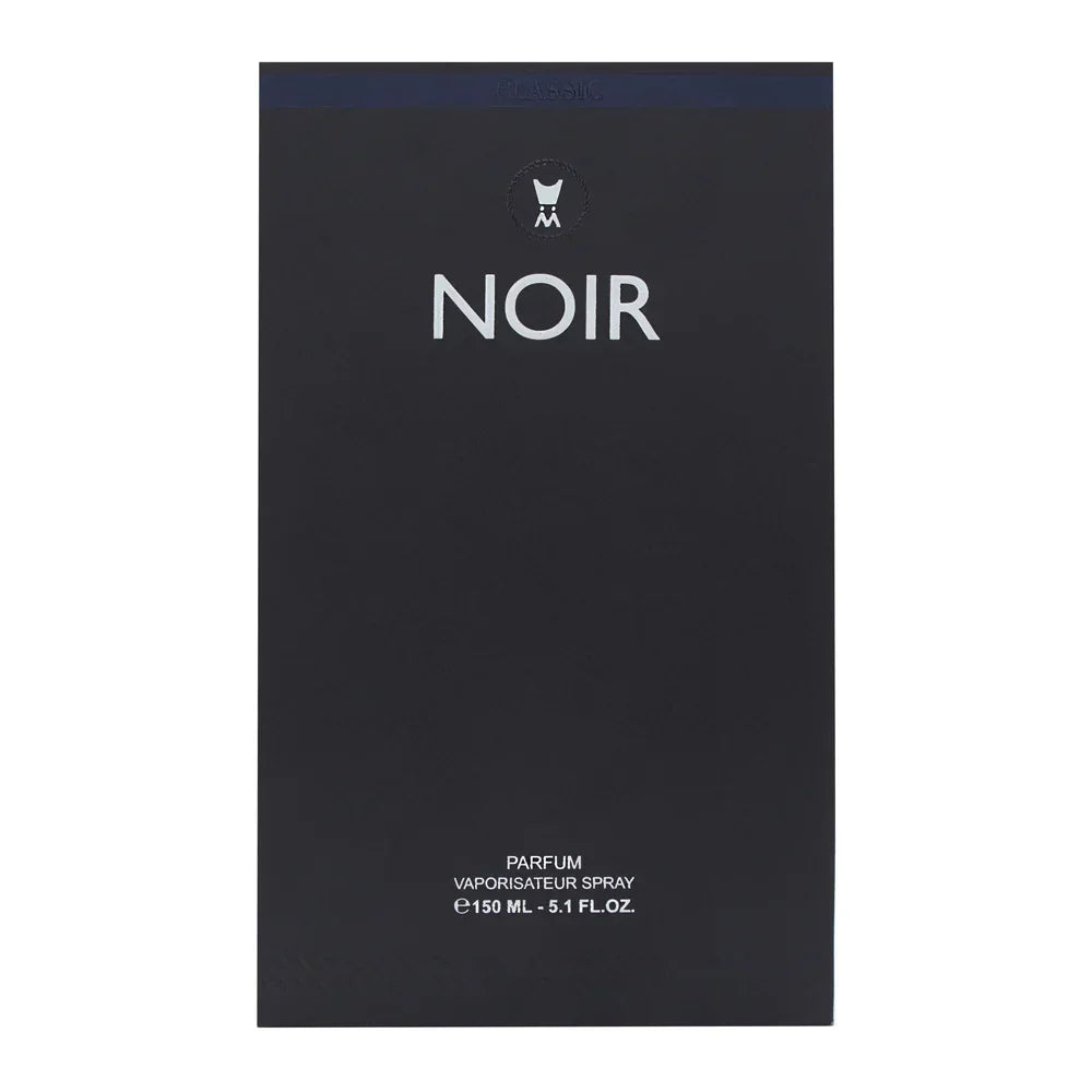 NOIR perfume box, minimalist black packaging, 150ml vaporisateur spray