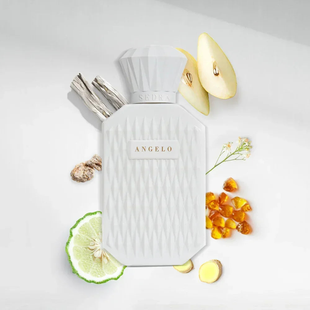 Angelo luxury perfume bottle with apple, bergamot, ginger, resins, and wood notes