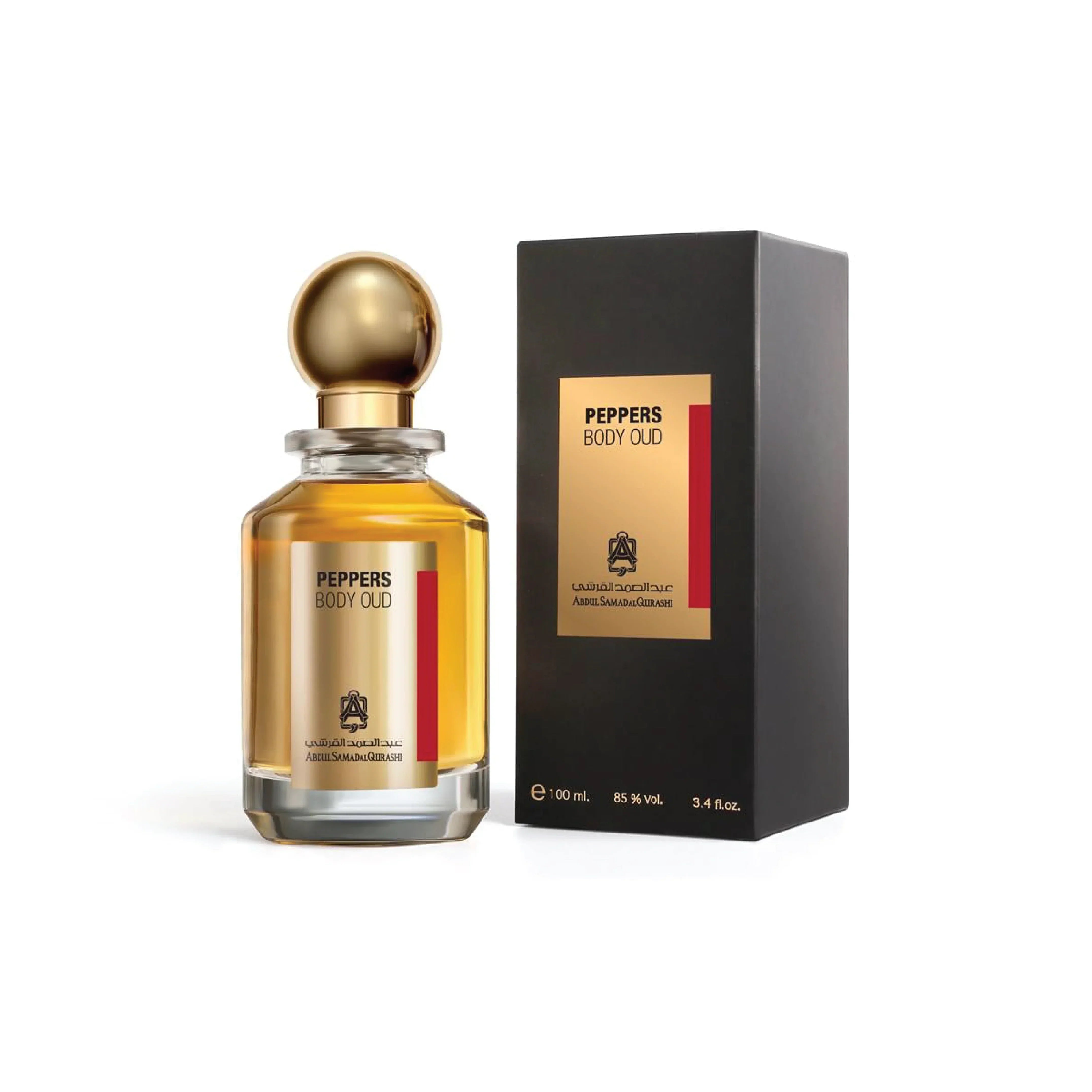 Peppers Body Oud perfume bottle and box with gold accents, luxury Middle Eastern fragrance.