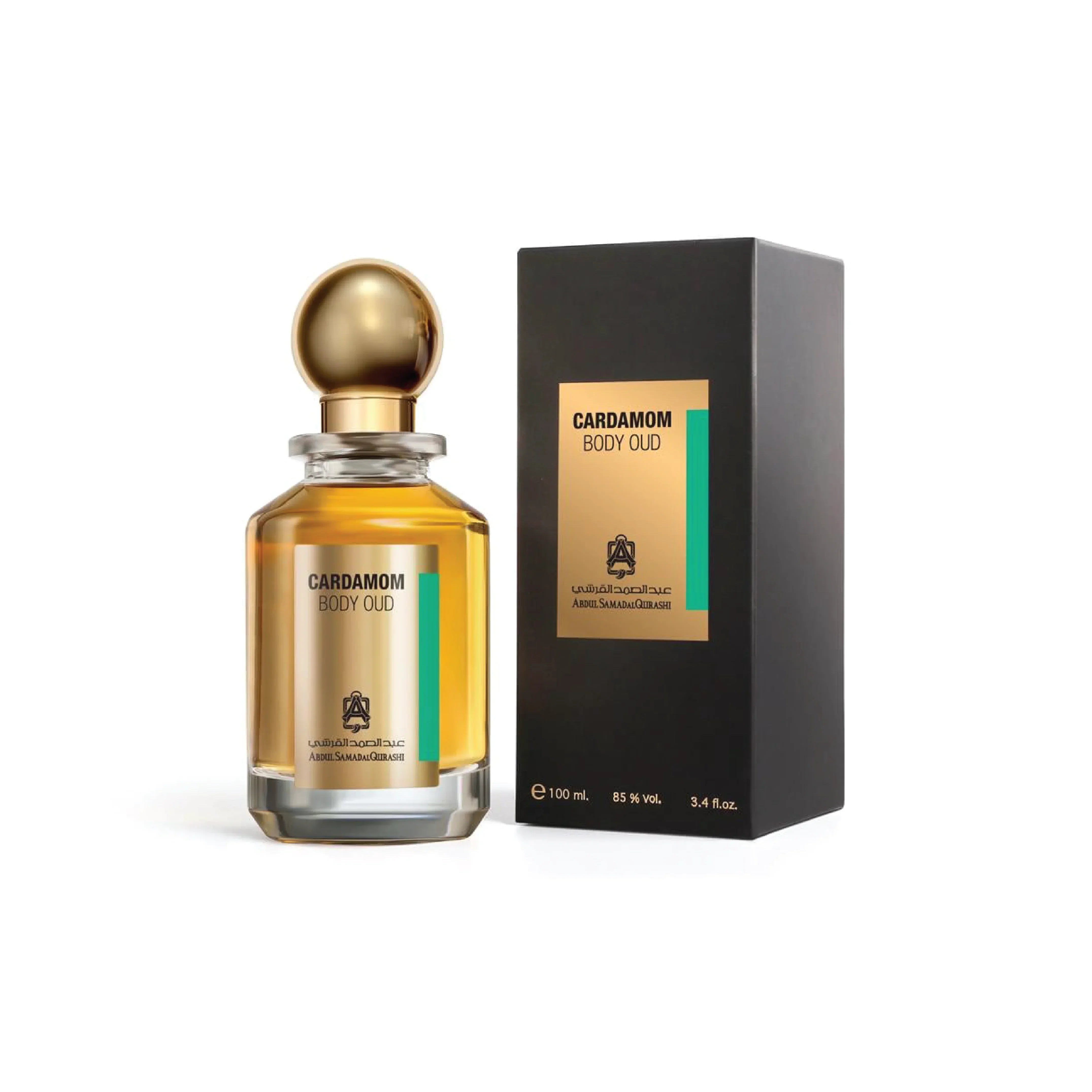 Cardamom Body Oud perfume bottle with gold cap and box, luxury Middle Eastern fragrance