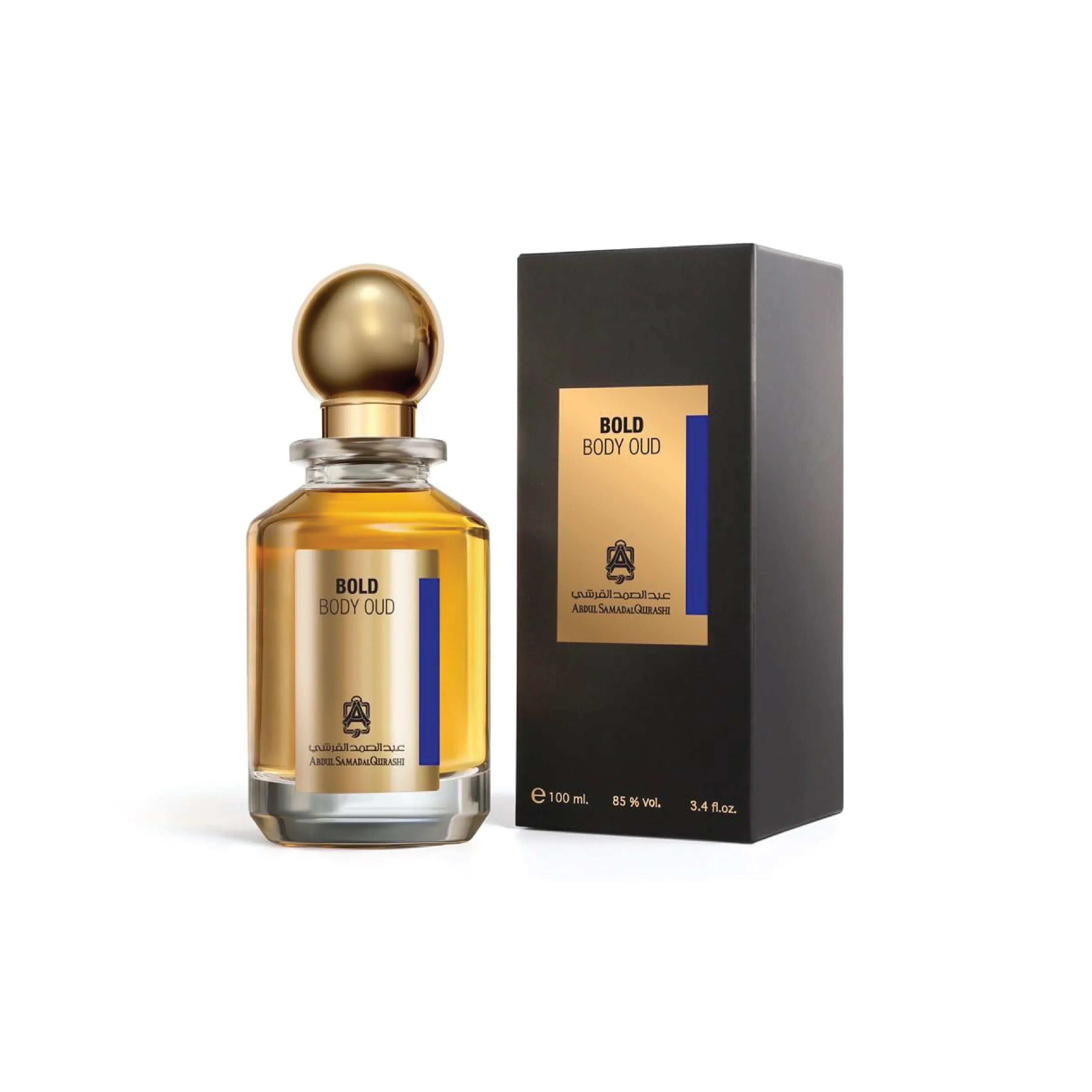 Bold Body Oud perfume bottle with gold cap and matching box, luxury Middle Eastern fragrance