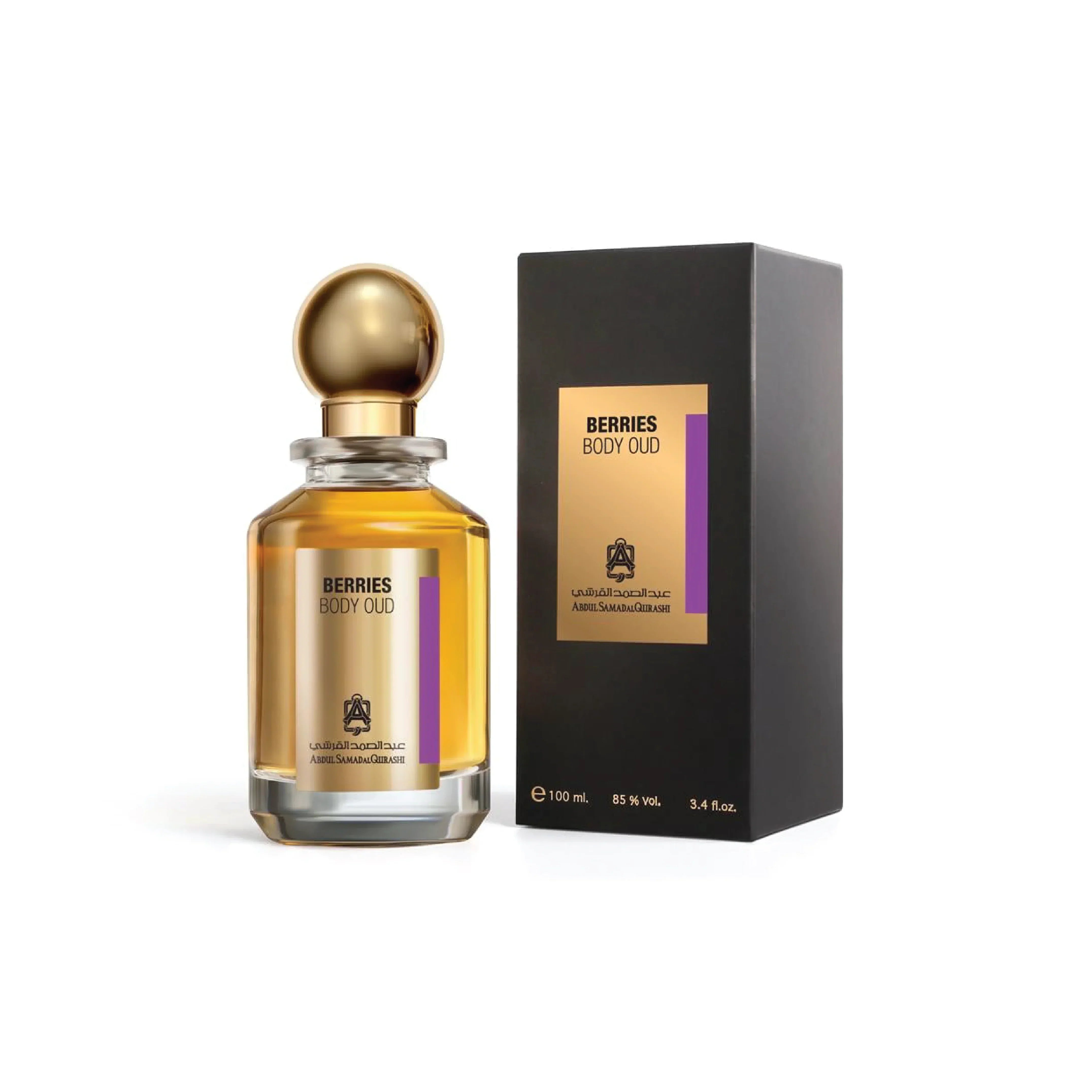 Berries Body Oud perfume bottle with gold cap and matching luxury box, Middle Eastern fragrance
