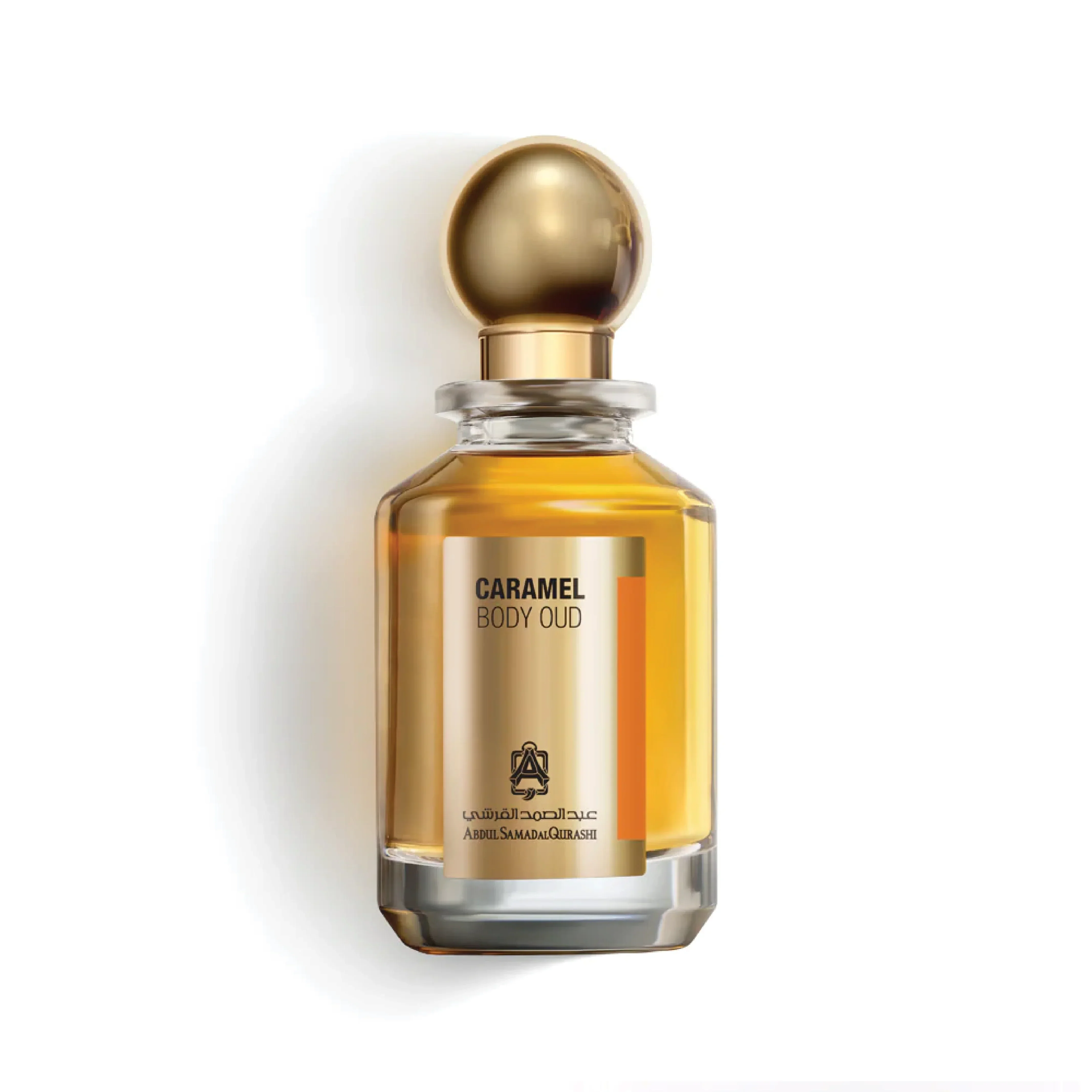 Caramel Body Oud perfume bottle with gold cap and amber liquid on white background