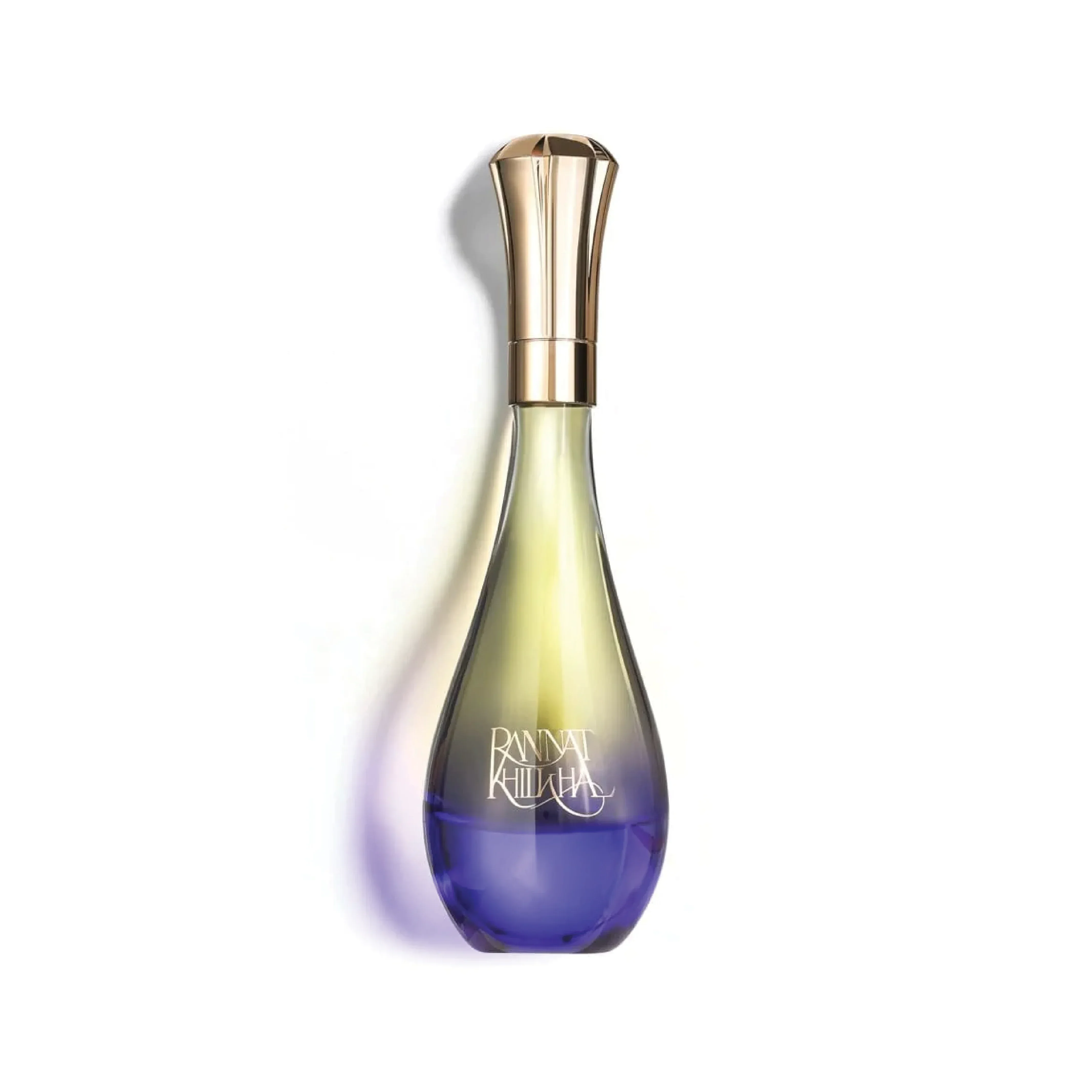 Elegant ombré blue and gold perfume bottle with gold cap on white background