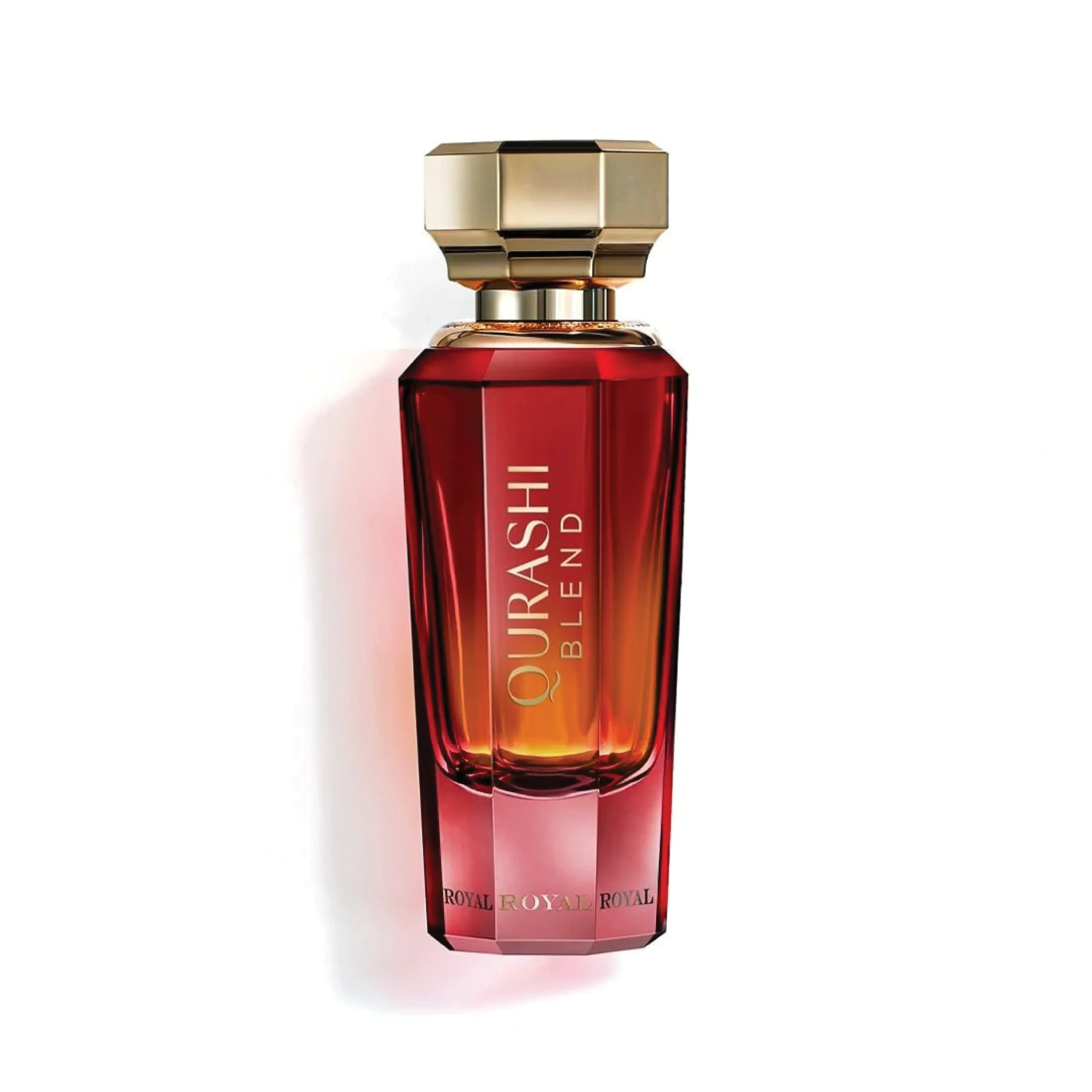 Qurashi Blend luxury perfume bottle with gold cap on white background