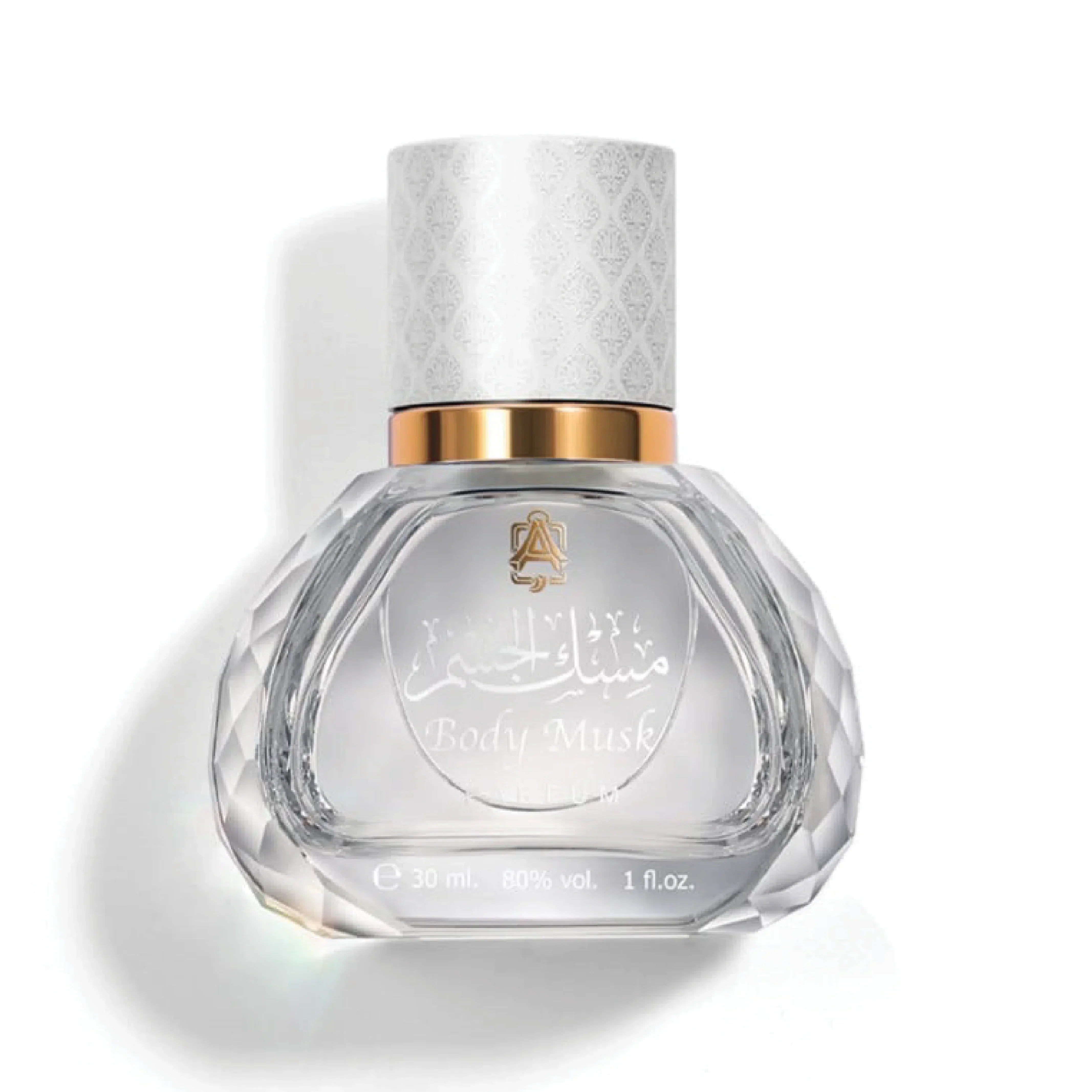 Luxury Middle Eastern perfume bottle, crystal design, labeled Body Musk, 30ml