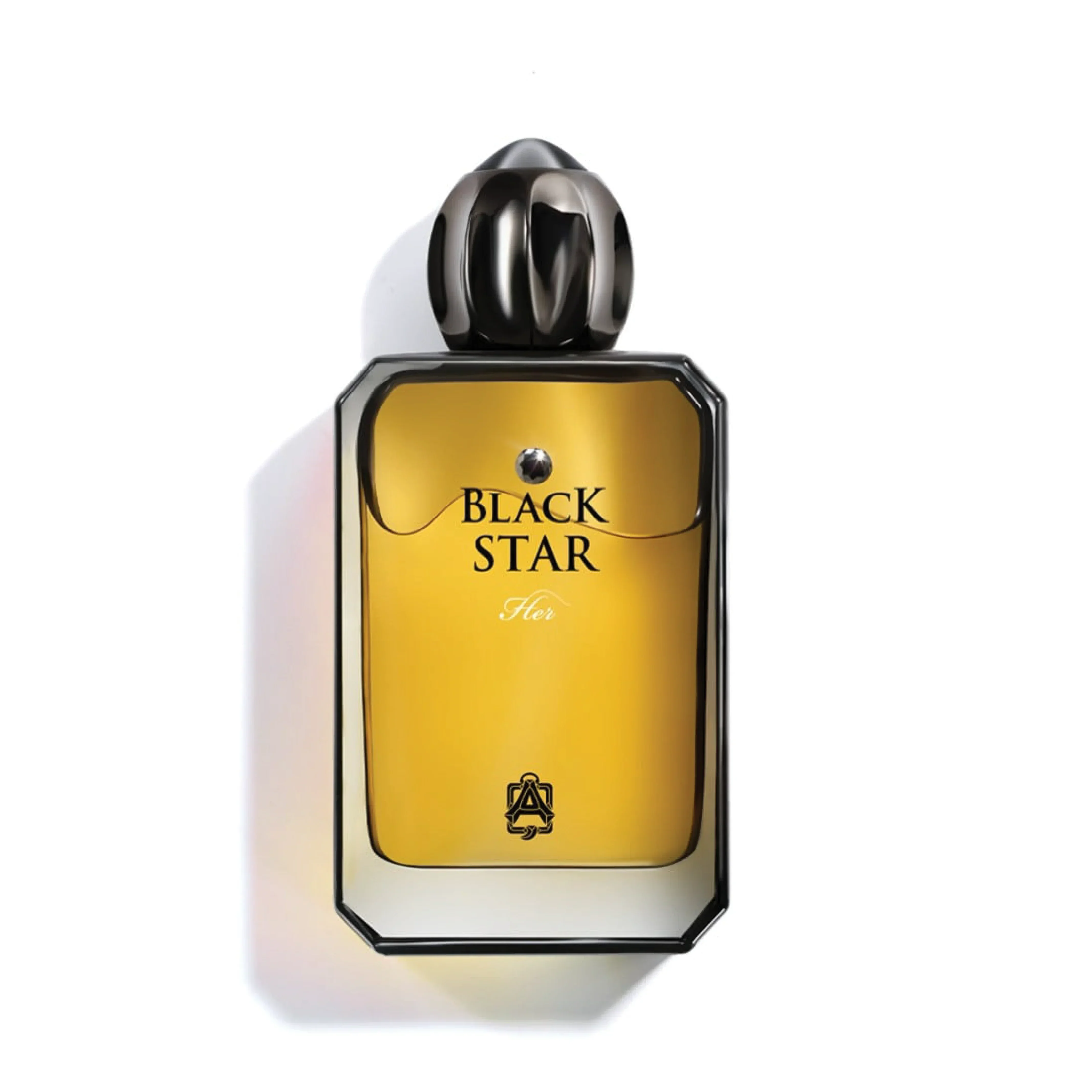 Black Star Her luxury perfume bottle with gold liquid and metallic cap on white background