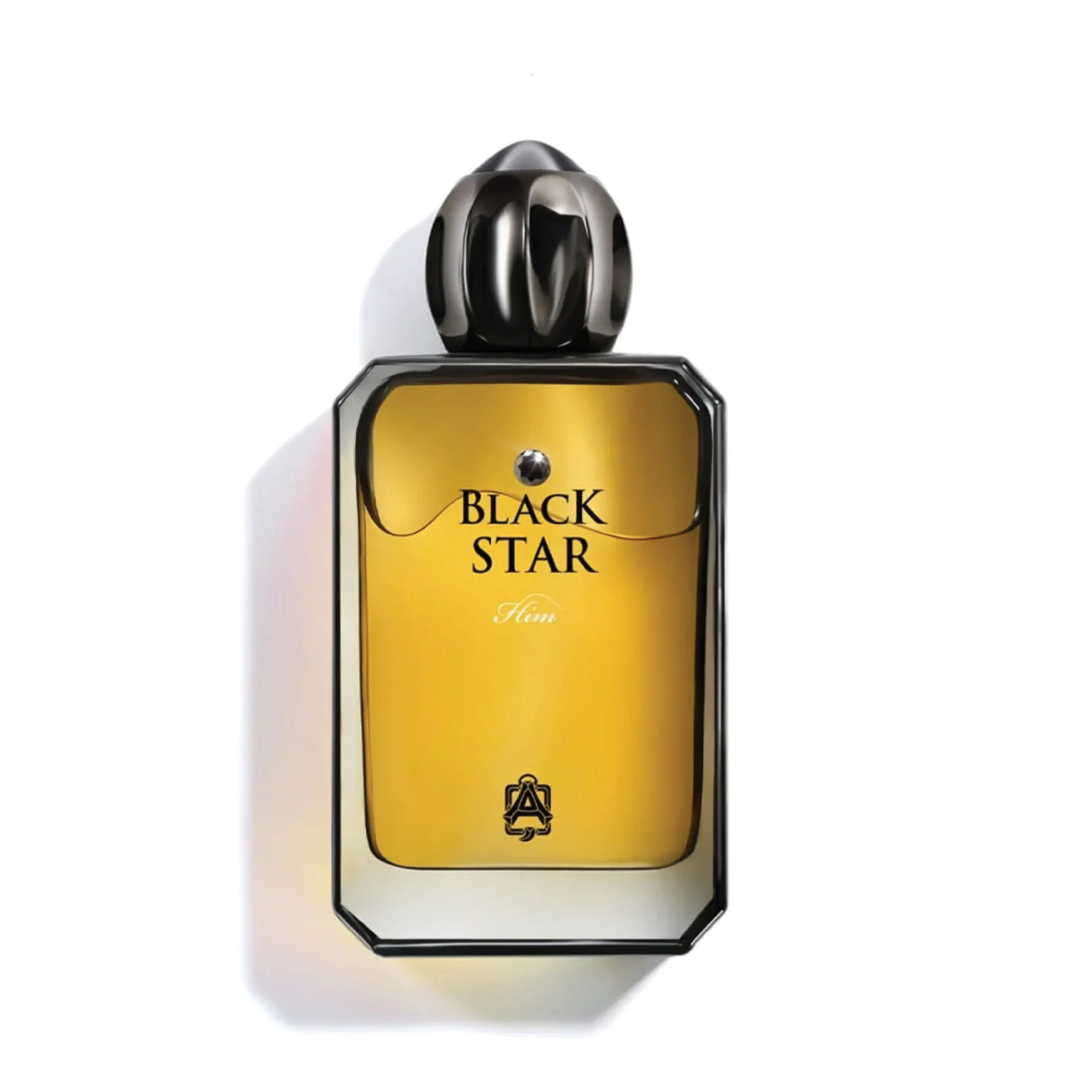 Black Star Him luxury perfume bottle with gold liquid and black cap on white background