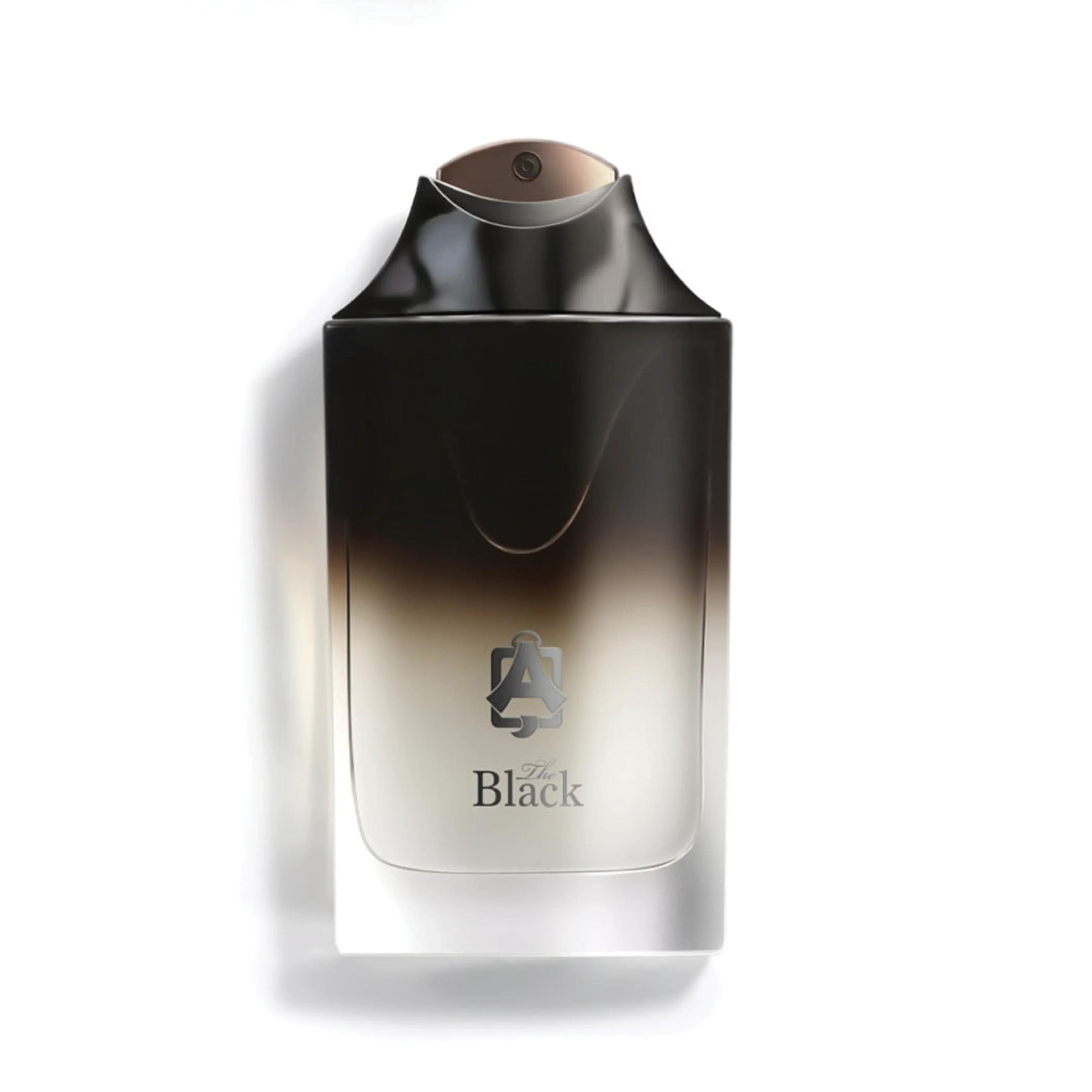 Luxury perfume bottle with gradient black design and 'The Black' label on white background.