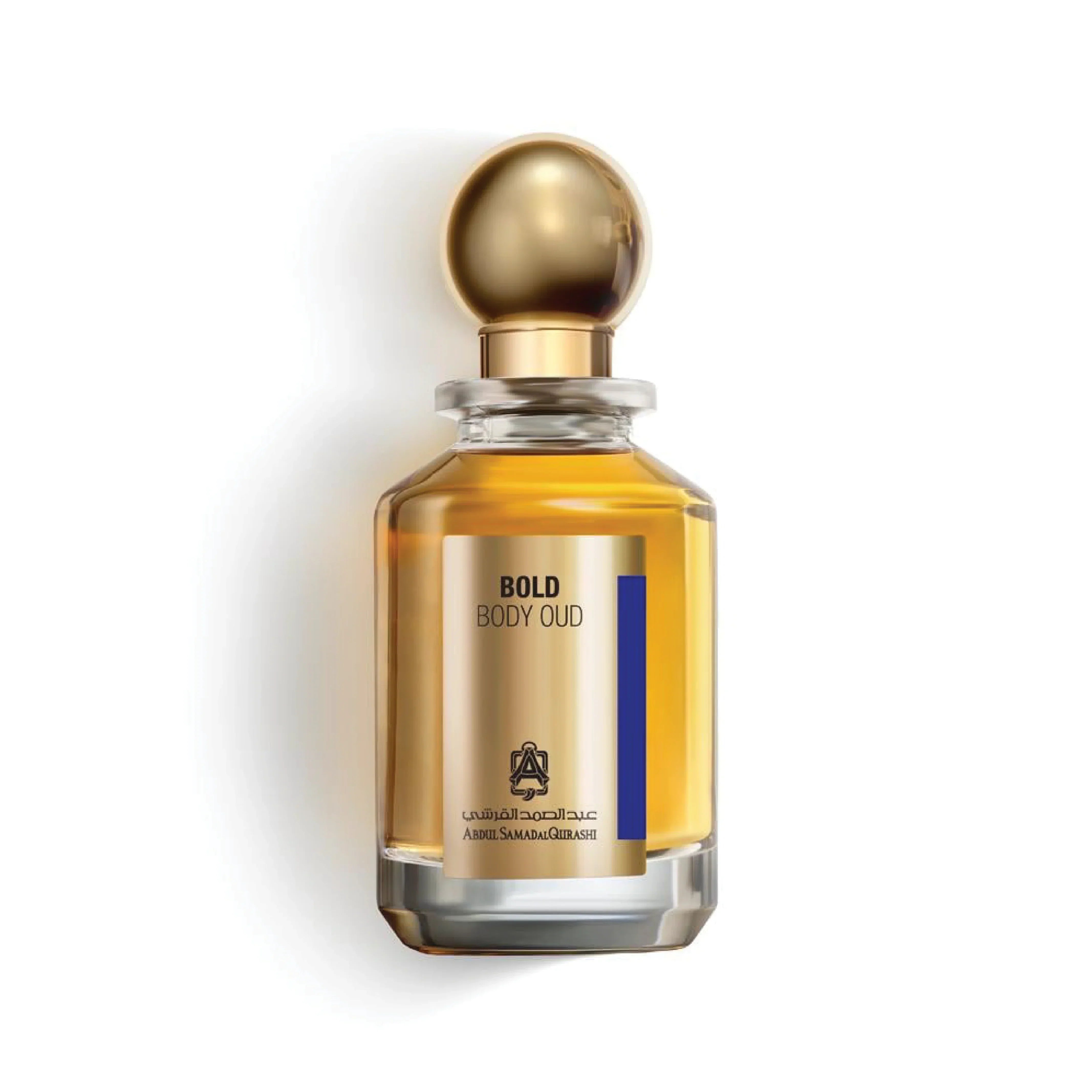 Bold Body Oud fragrance bottle with gold cap and luxurious amber perfume on white background