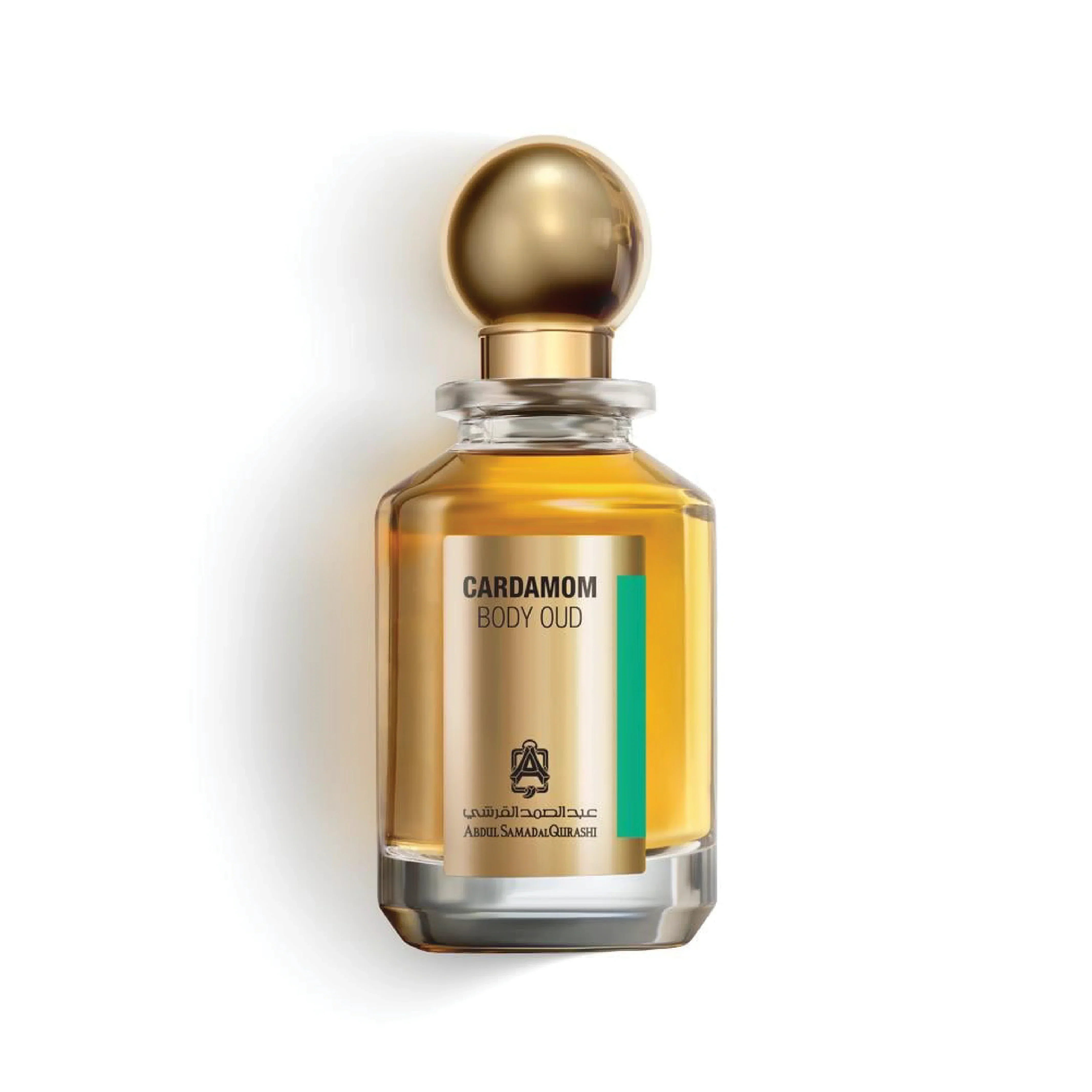 Cardamom Body Oud perfume bottle with gold cap on white background, luxury fragrance