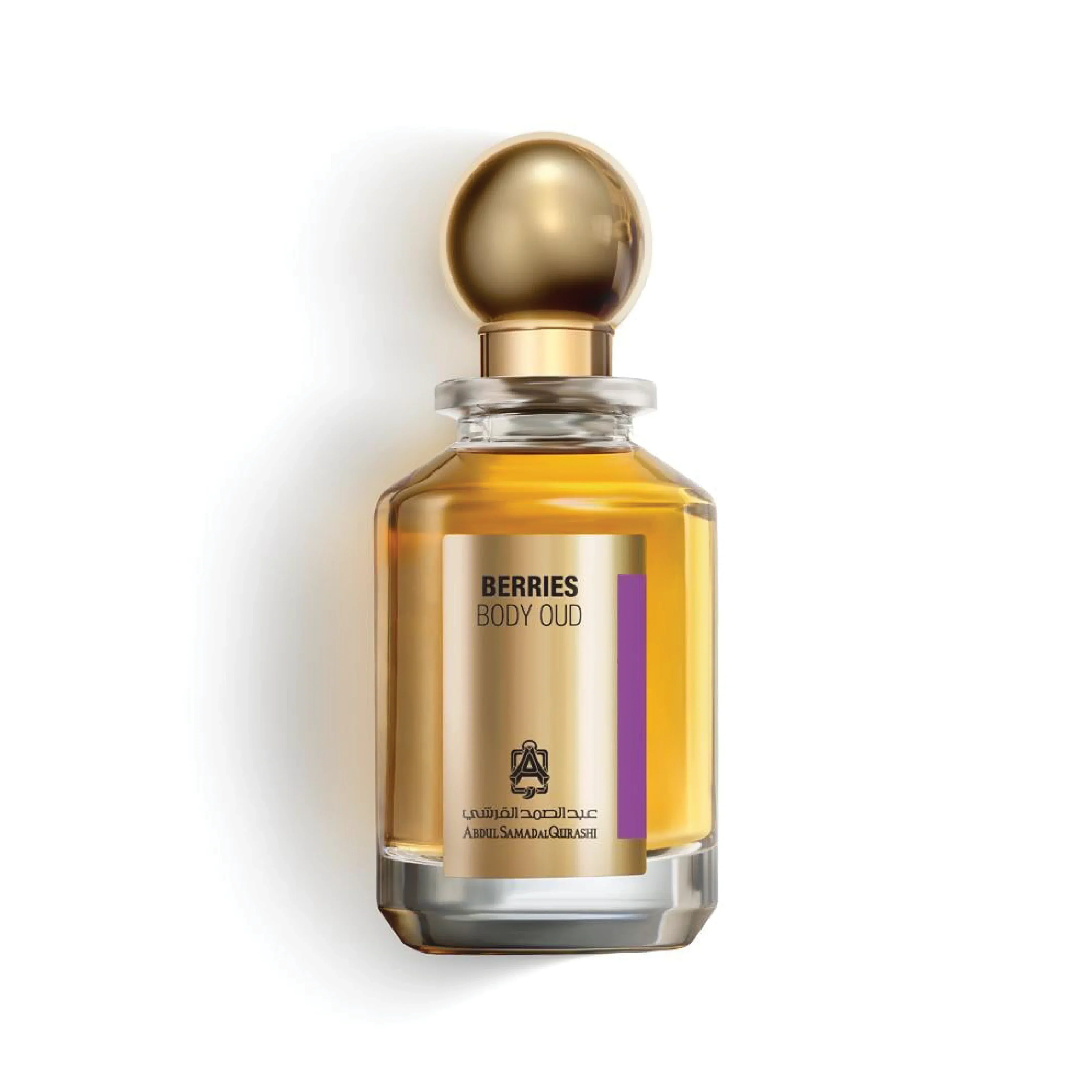 Berries Body Oud perfume bottle with gold cap and clear label on white background