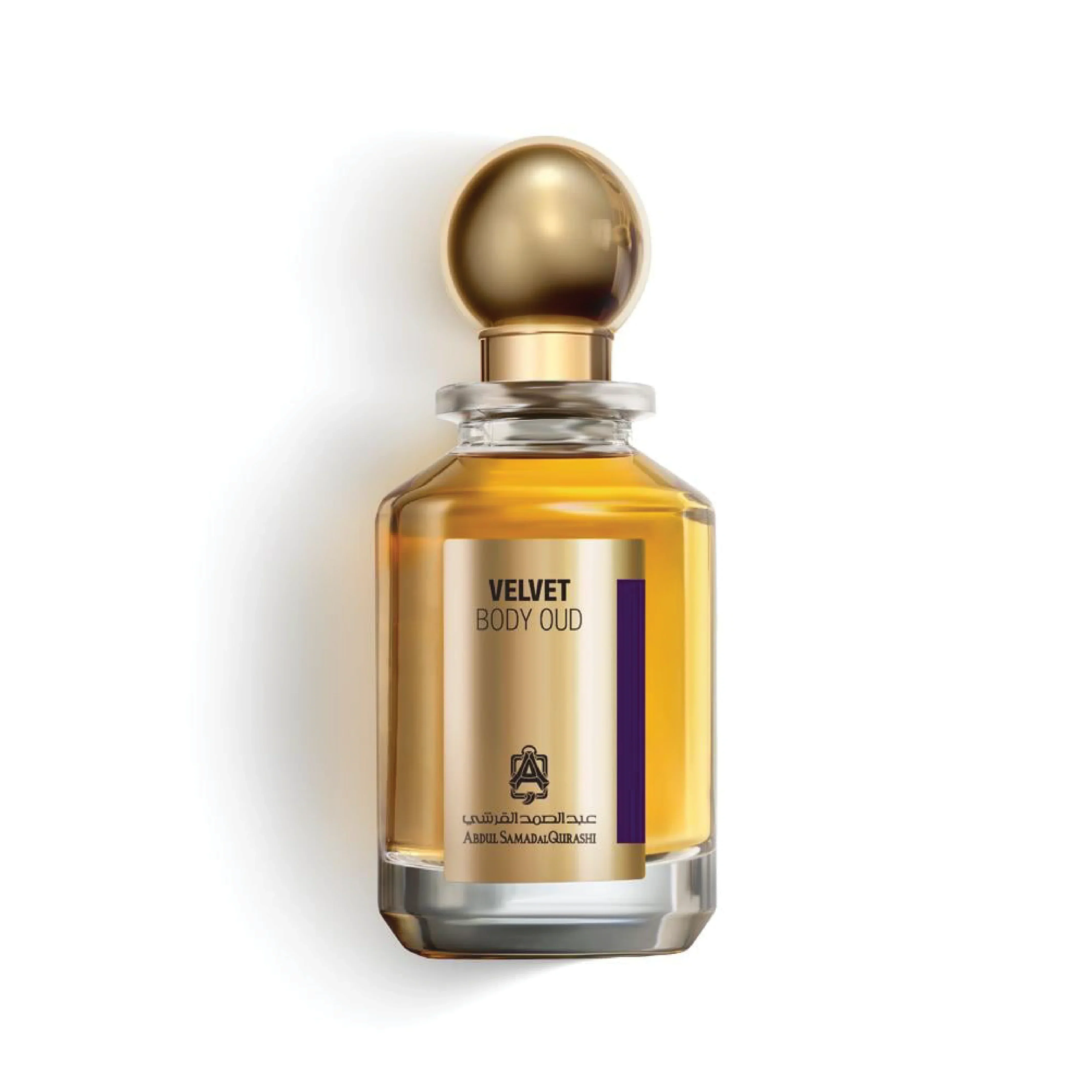 Velvet Body Oud perfume bottle with gold cap and amber fragrance, luxury Middle Eastern scent