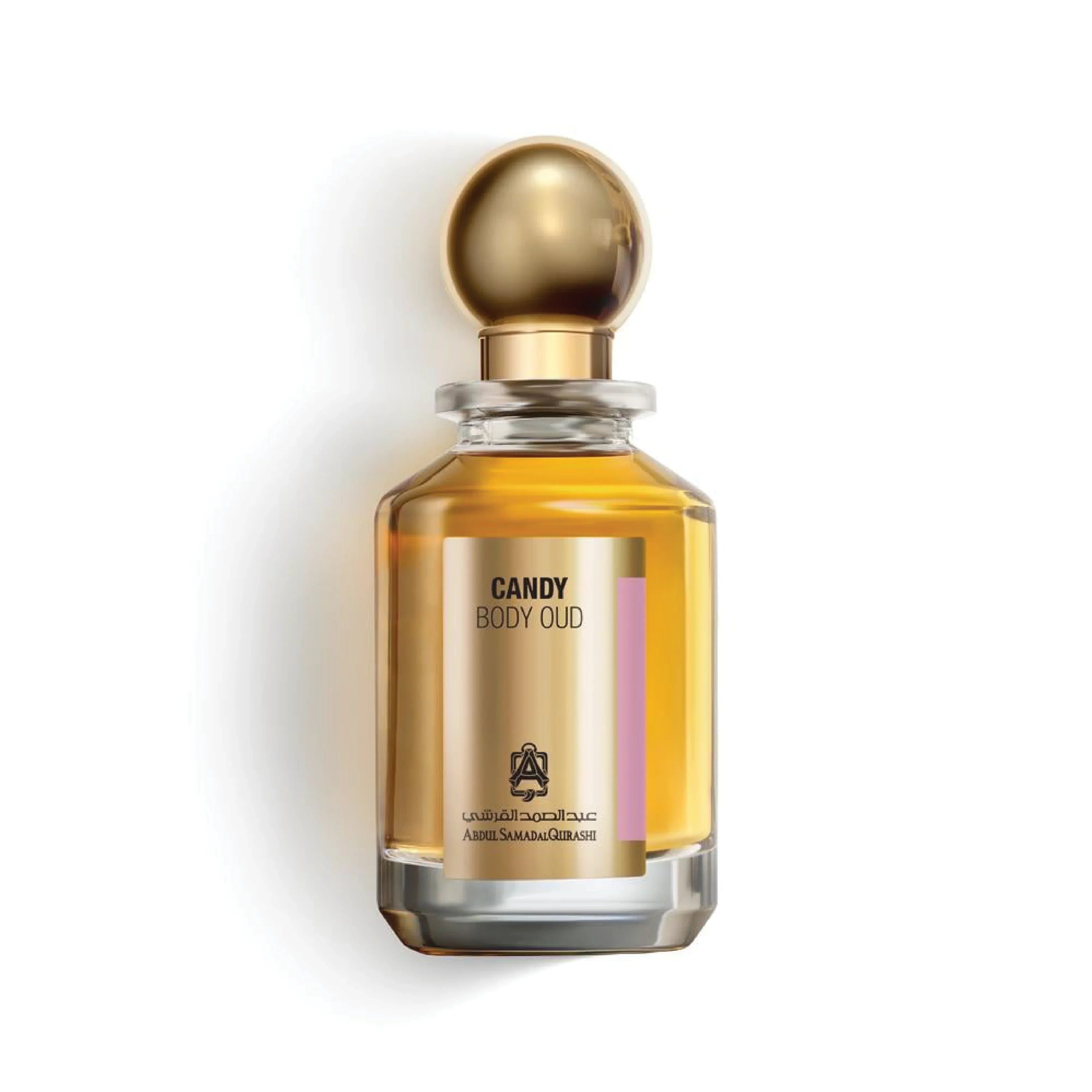 Luxury Middle Eastern perfume bottle labeled Candy Body Oud with gold cap on white background