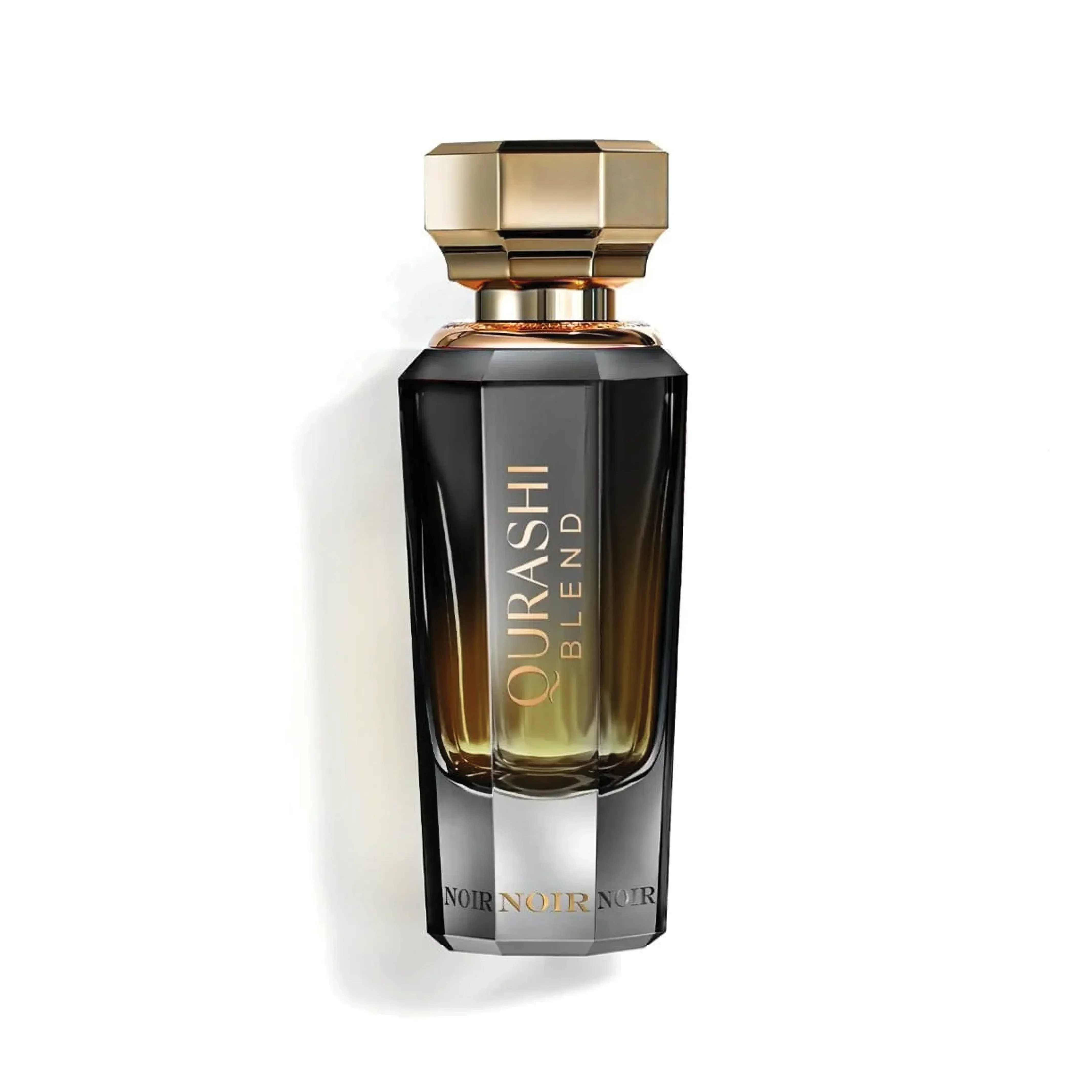Luxury Qurashi Blend perfume bottle with gold cap and black gradient design on white background