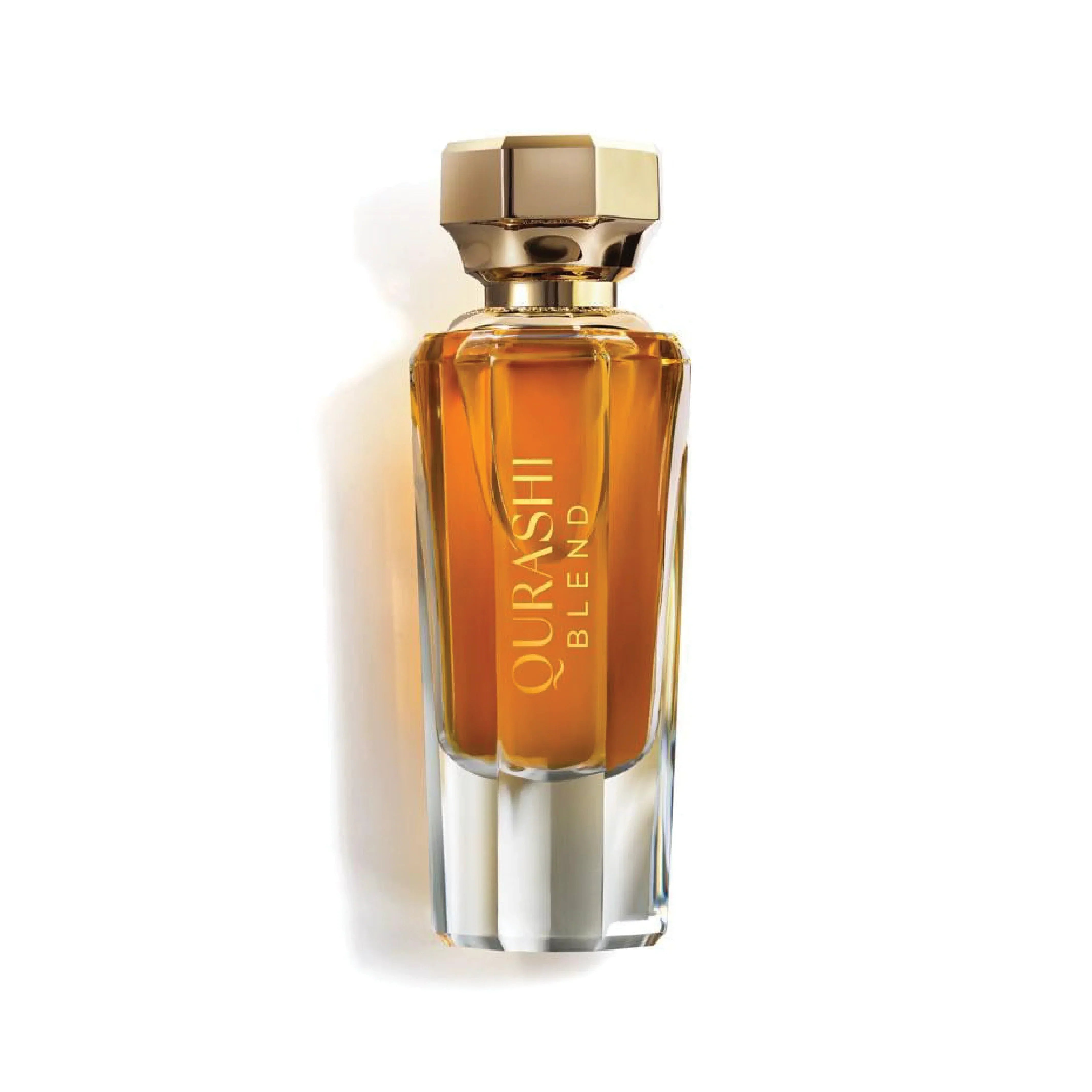 Qurashi Blend luxury perfume bottle with gold cap on white background