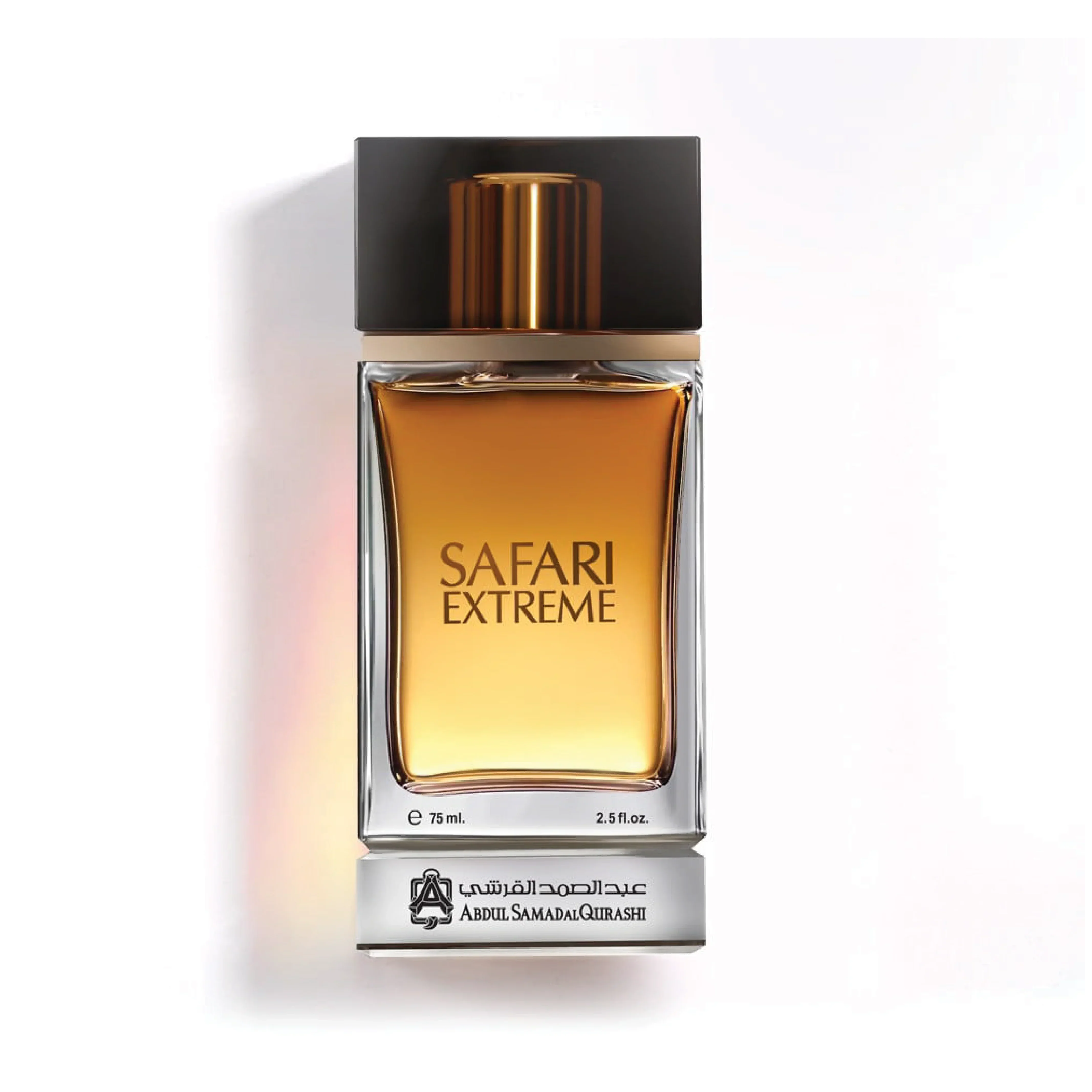 Safari Extreme luxury perfume bottle with amber liquid and elegant black cap