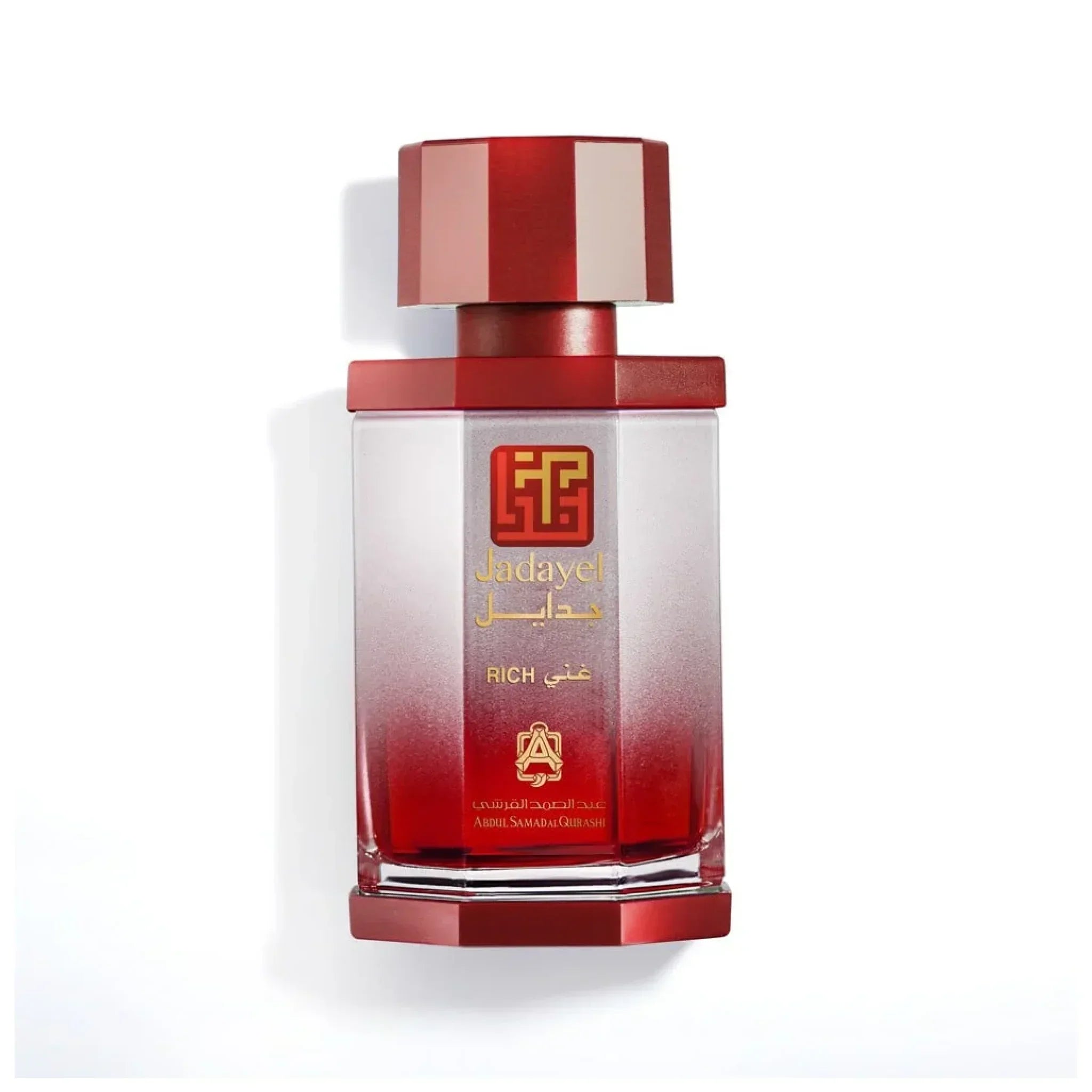 Jadayel Rich perfume bottle with red and gold accents on a white background