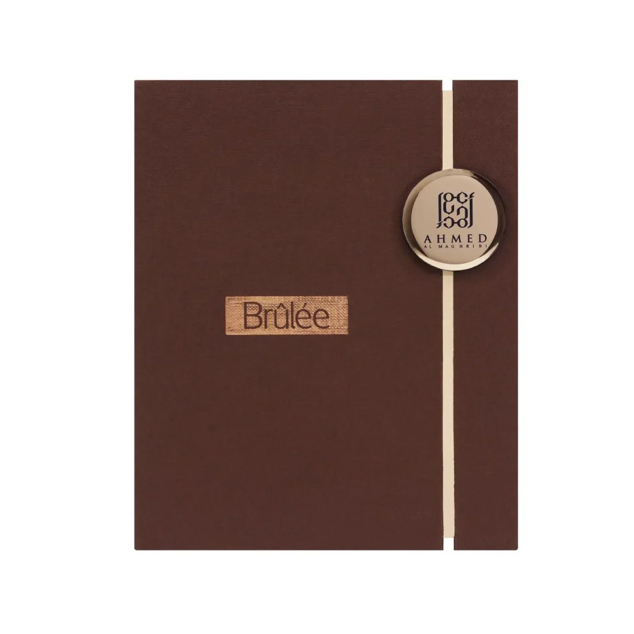 Elegant brown Brûlée perfume box with gold details and circular seal, Middle Eastern luxury fragrance packaging.