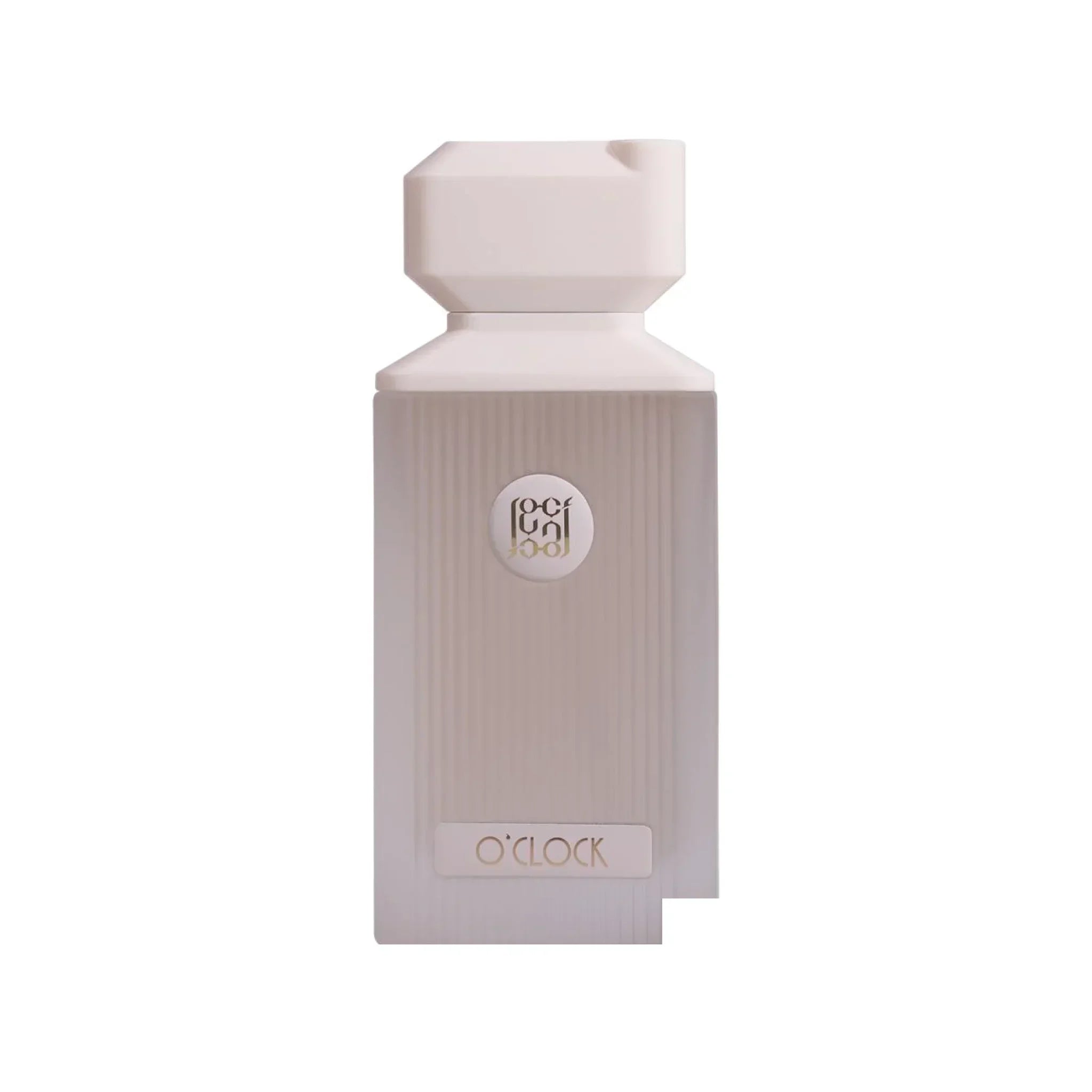 Elegant white perfume bottle with geometric cap and O'CLOCK label on a white background