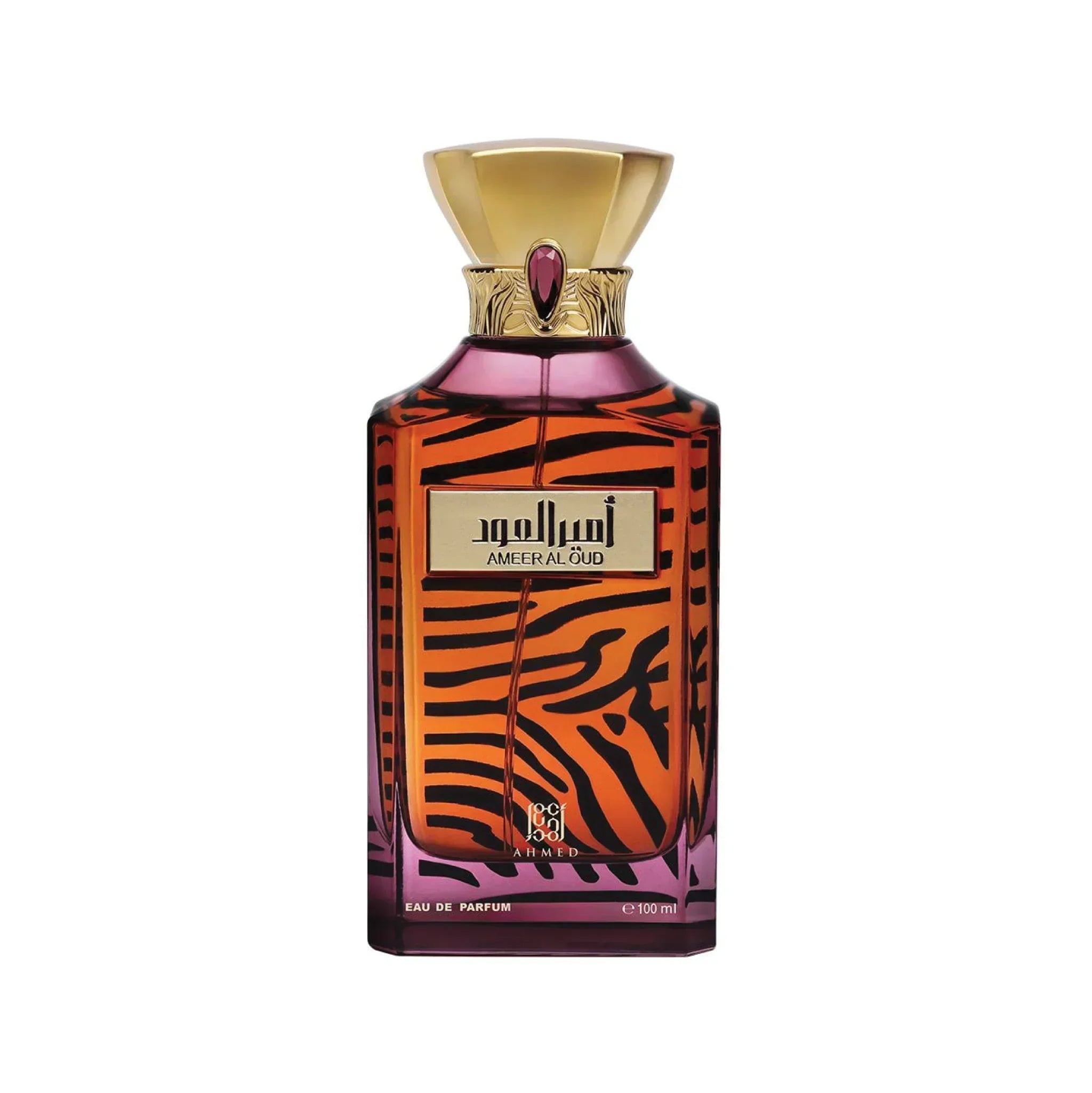 Ameer Al Oud perfume bottle with gold cap and orange-black zebra stripe design, 100ml