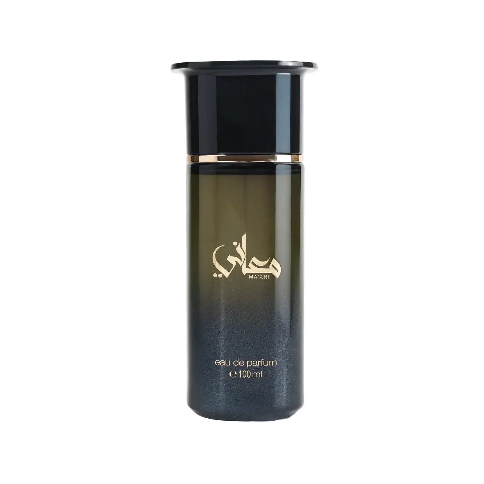 Elegant black and gold Middle Eastern perfume bottle labeled Ma'ani, eau de parfum 100ml