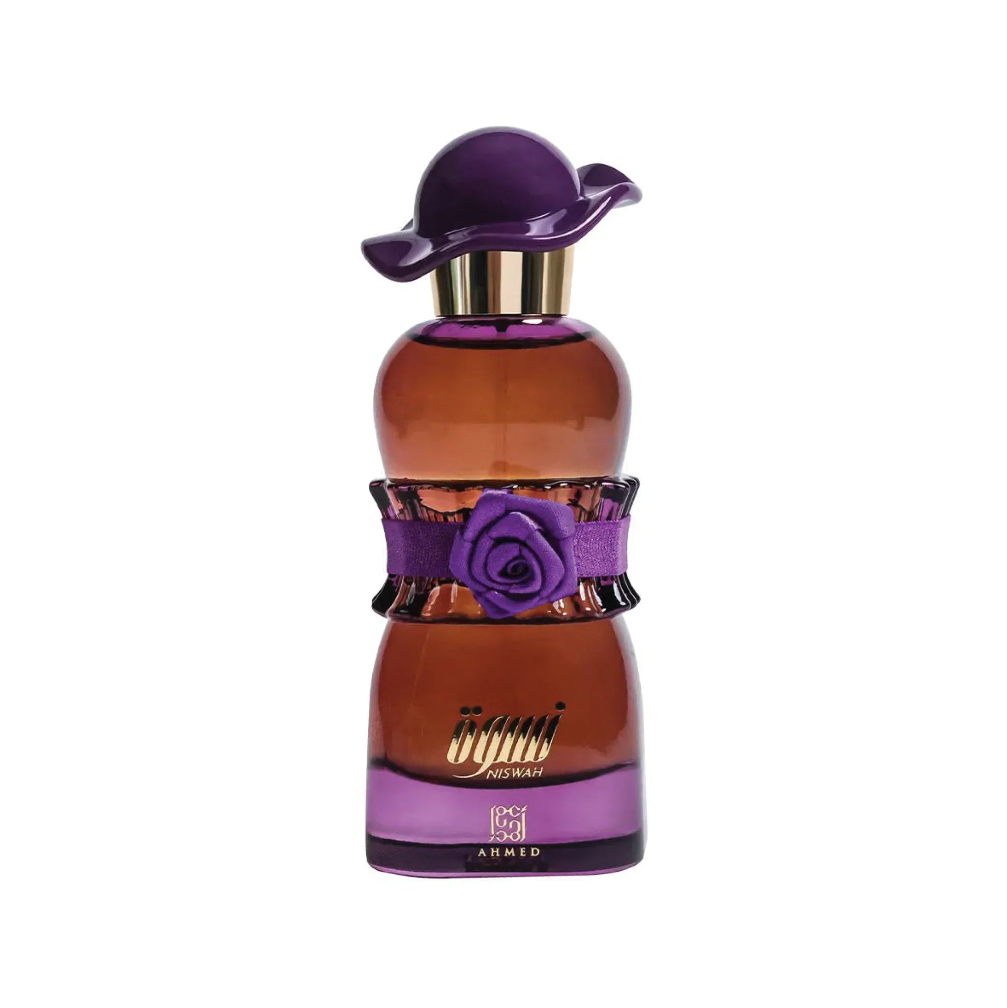 Elegant amber and purple perfume bottle with a purple rose accent and stylish cap