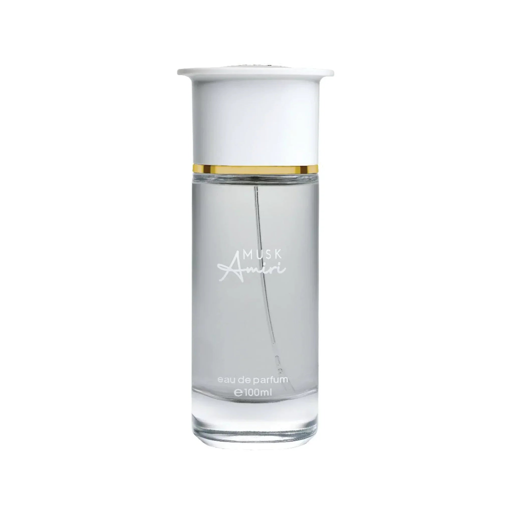 Clear glass bottle of Musk Amiri eau de parfum with white and gold cap, 100ml
