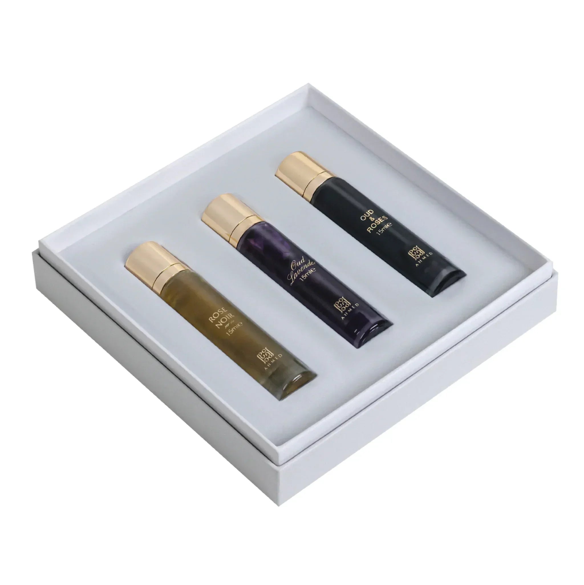 Luxury Middle Eastern perfume gift set with three elegant vials in a white box