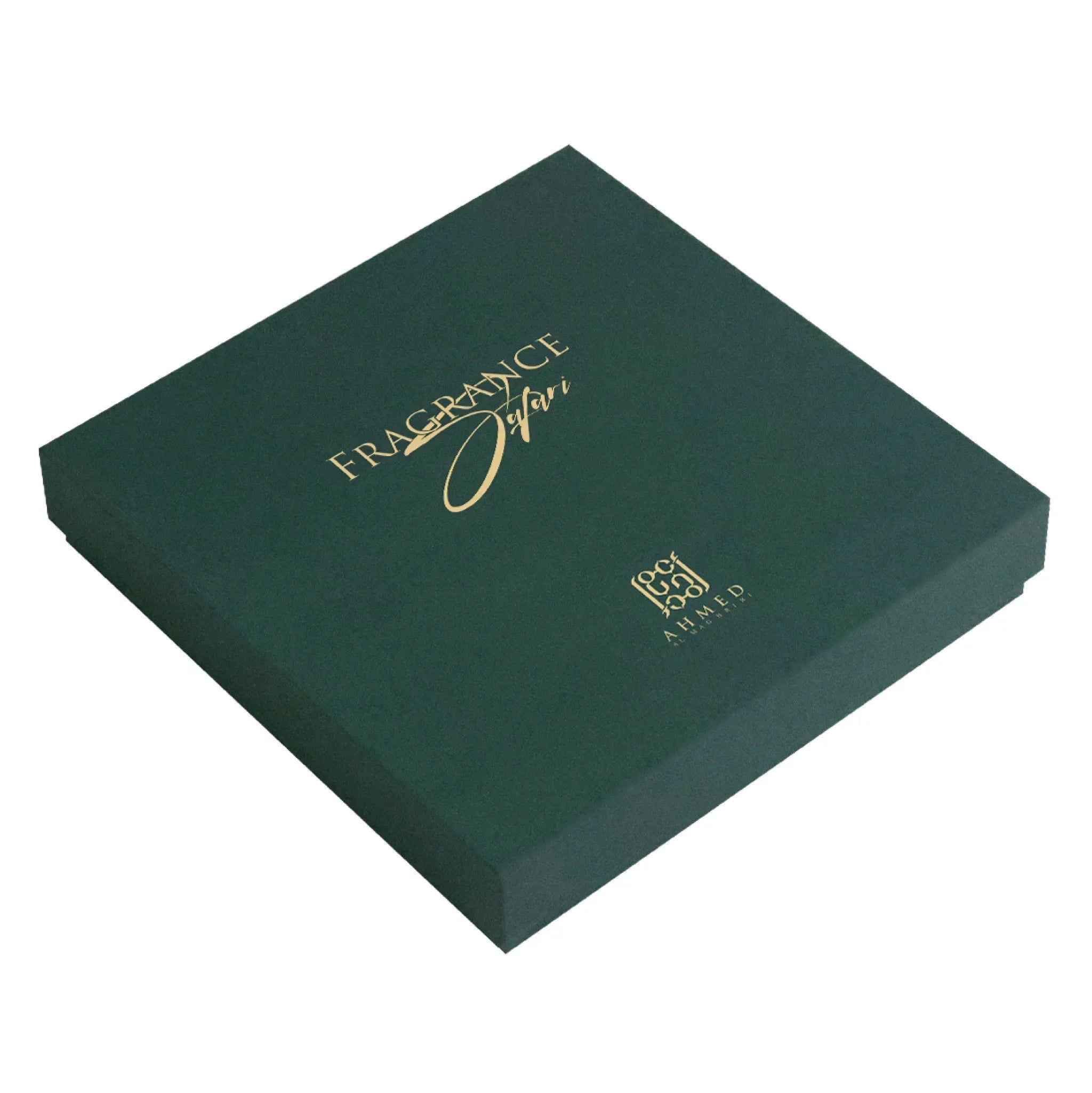 Elegant green perfume gift box with gold lettering, labeled Fragrance Safari Ahmed.