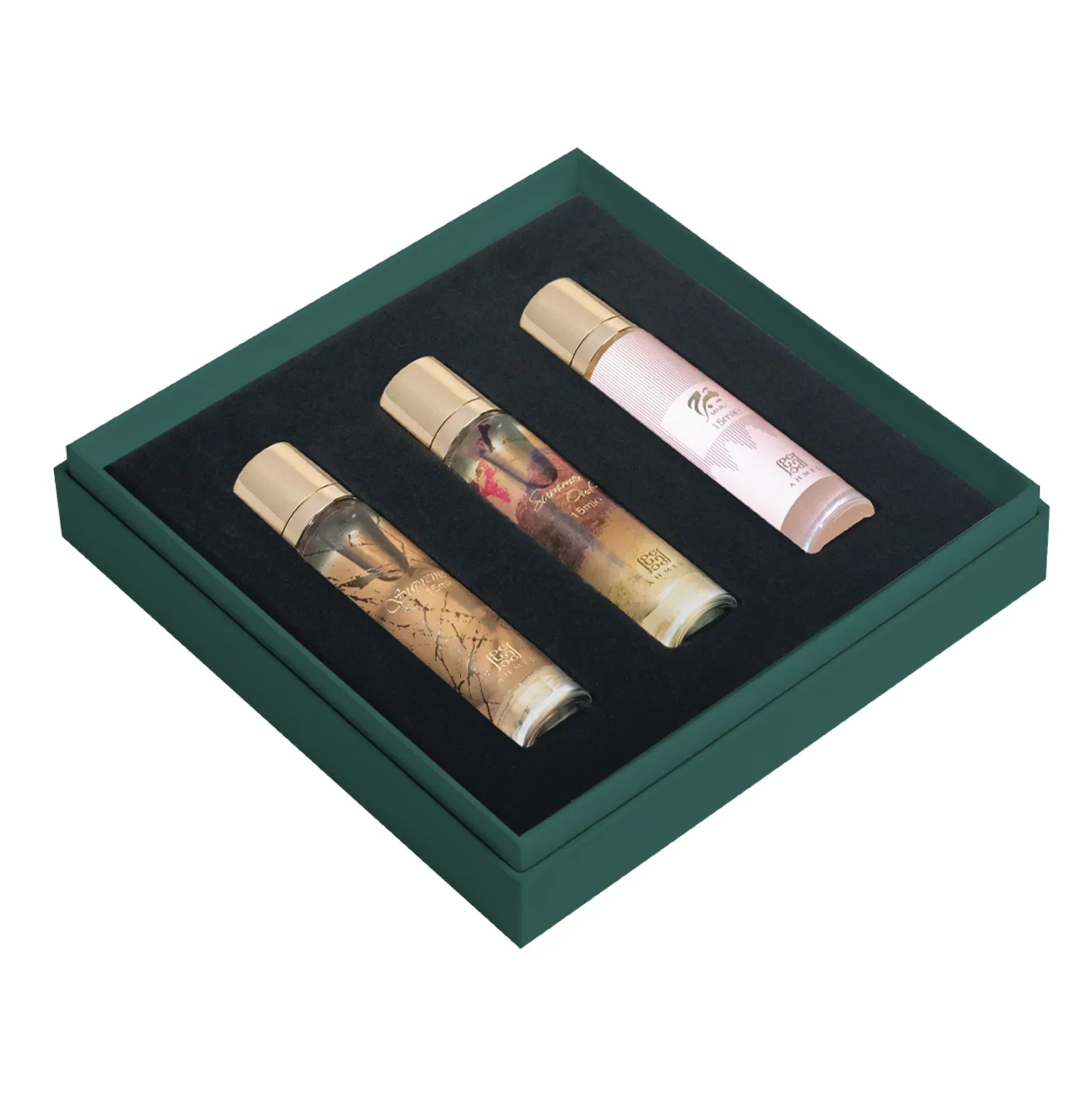 Luxury Middle Eastern perfume gift set with three elegant vials in a green box