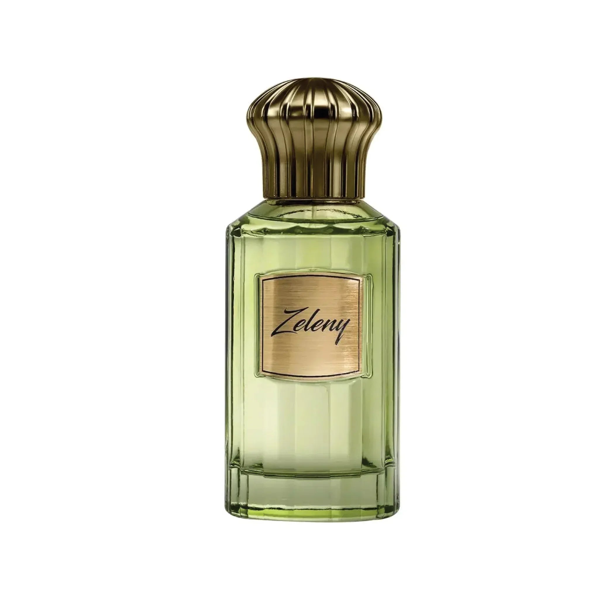Zeleny luxury perfume bottle with gold cap and green glass on white background