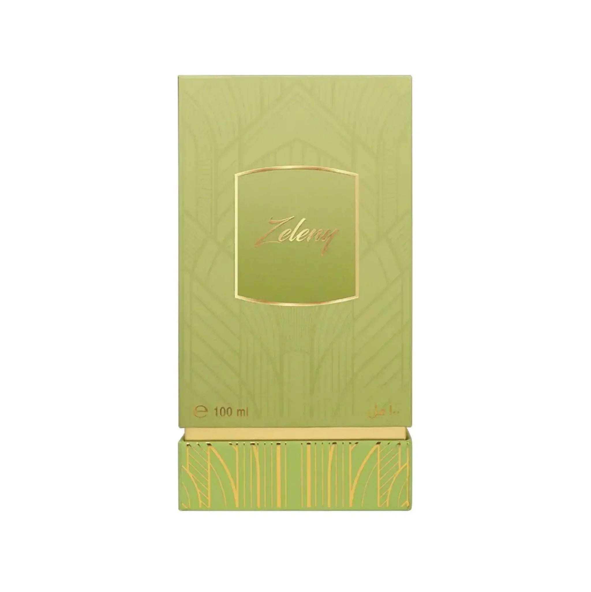 Elegant green Zeleny perfume box with gold accents and 100 ml label, Middle Eastern style