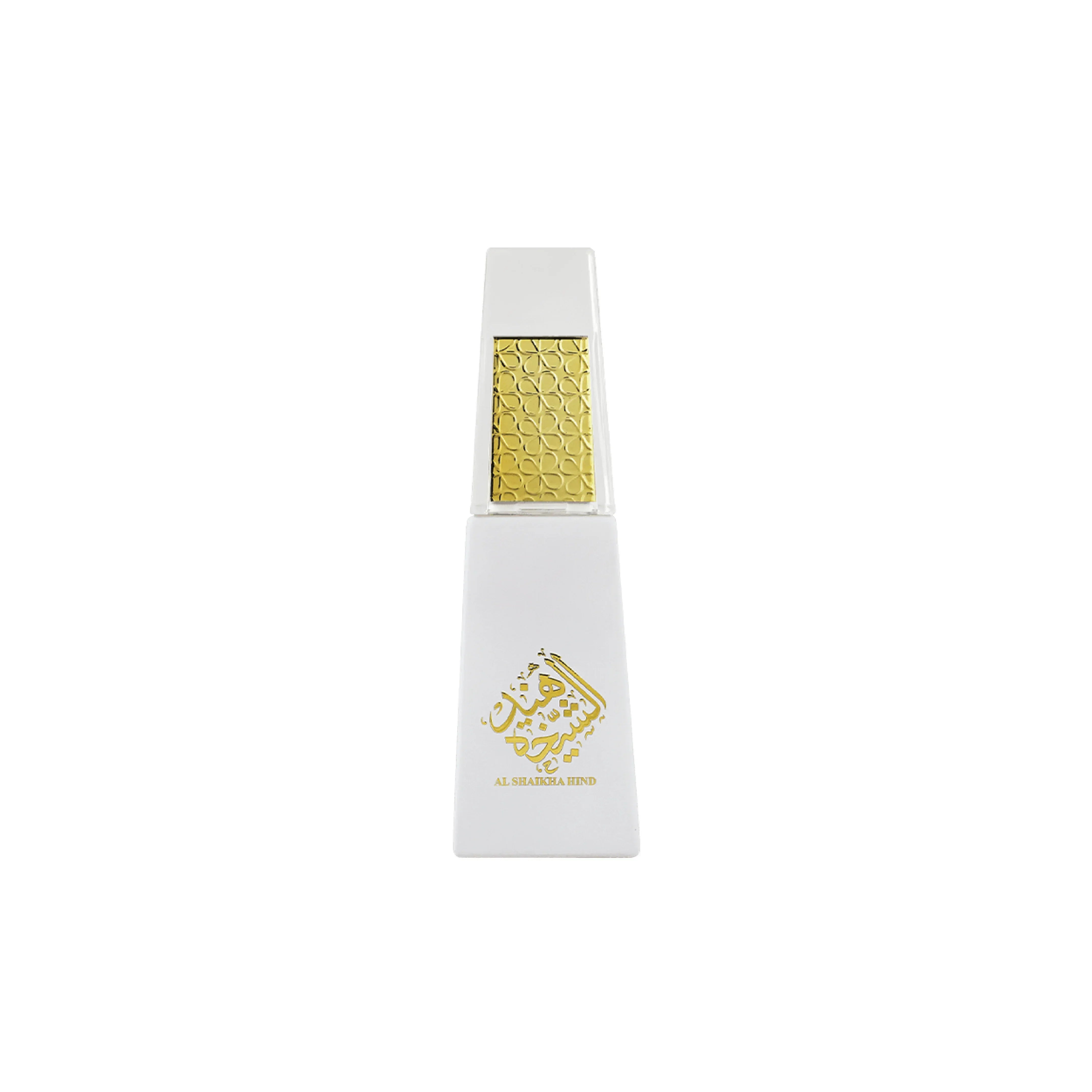 Elegant white perfume bottle with gold floral cap and Arabic script, luxury Middle Eastern fragrance