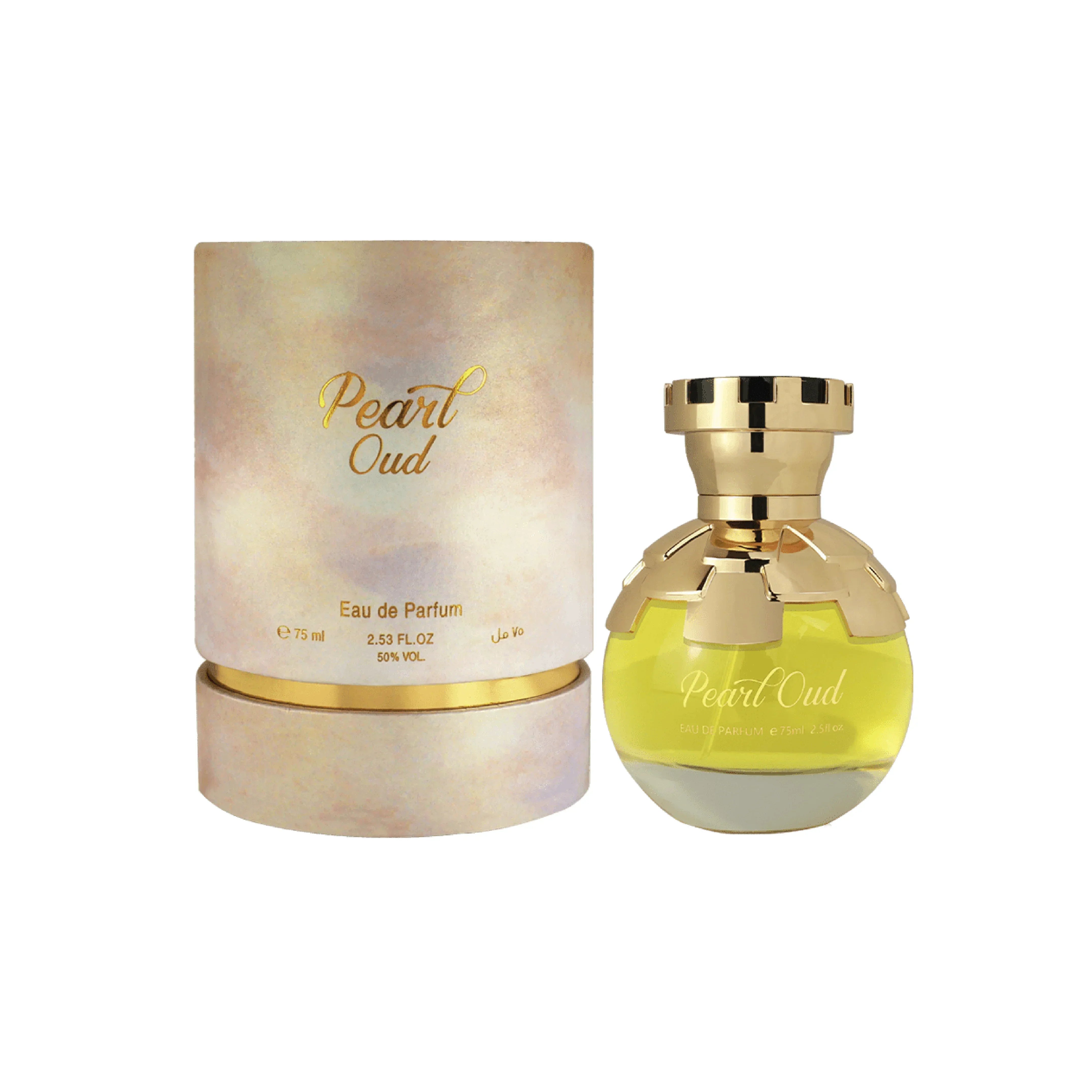 Pearl Oud Eau de Parfum bottle and packaging, luxury Middle Eastern fragrance with golden accents