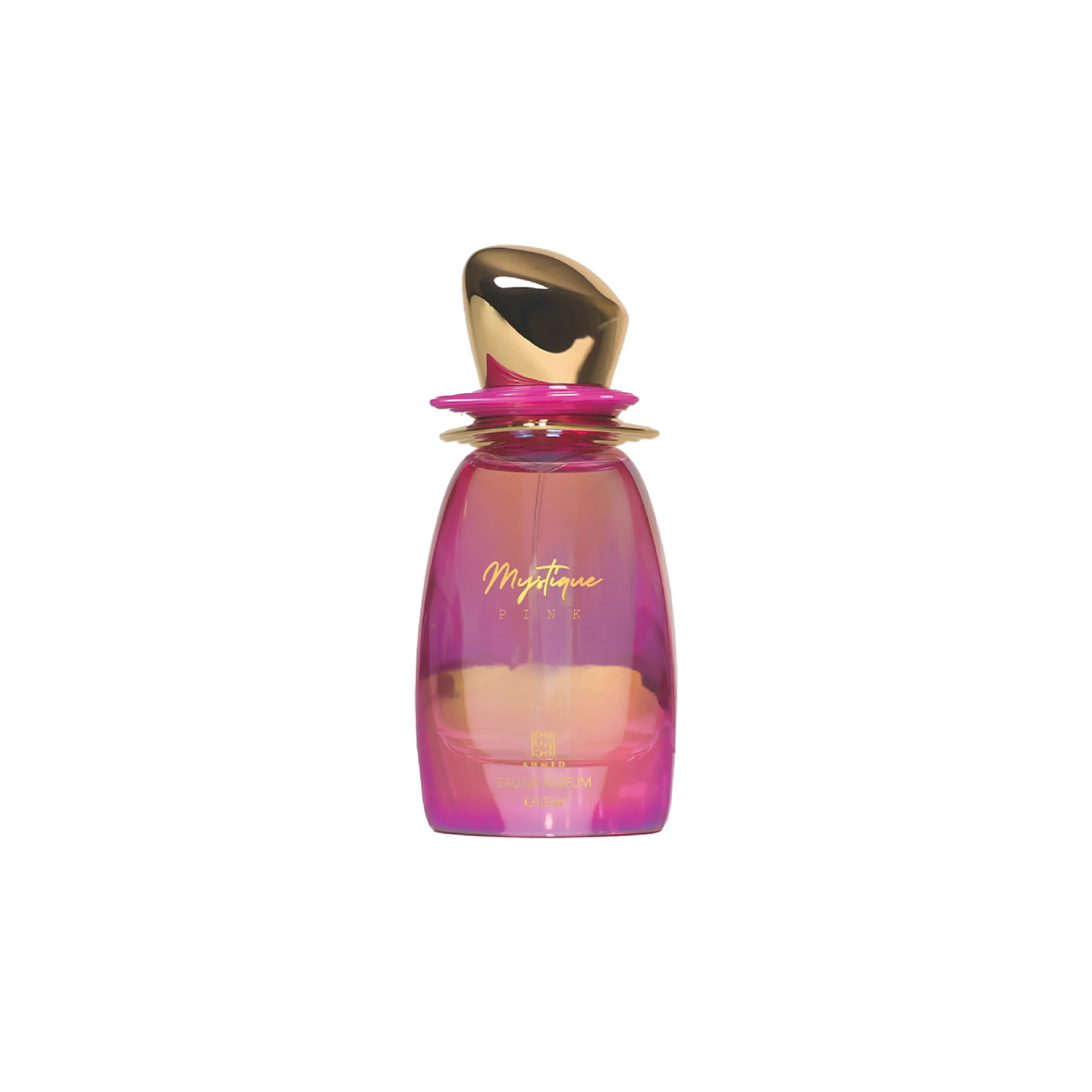 Mystique Pink Eau de Parfum bottle with gold cap and vibrant pink hue