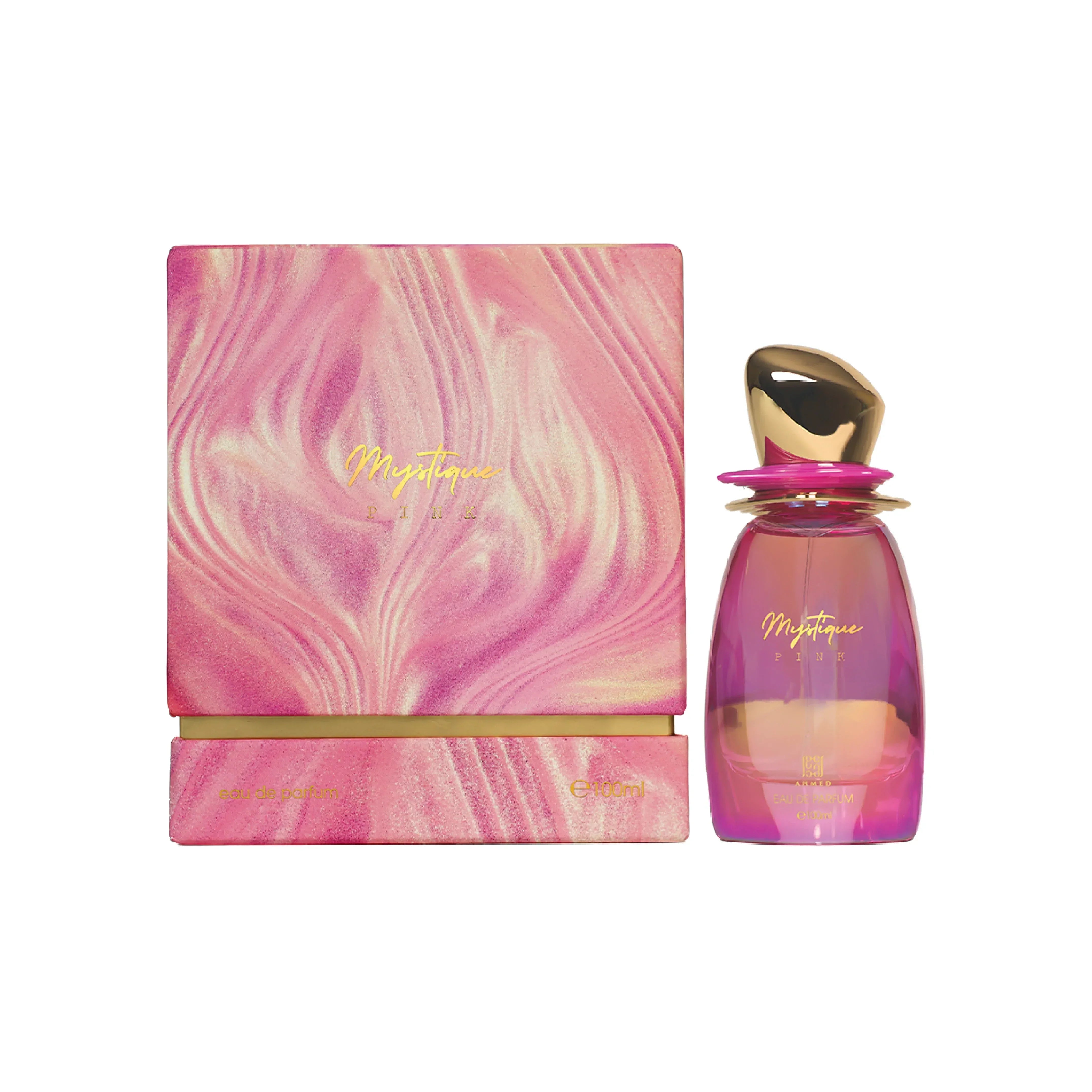 Mystique Pink eau de parfum bottle and gift box with pink marbled design and gold accents