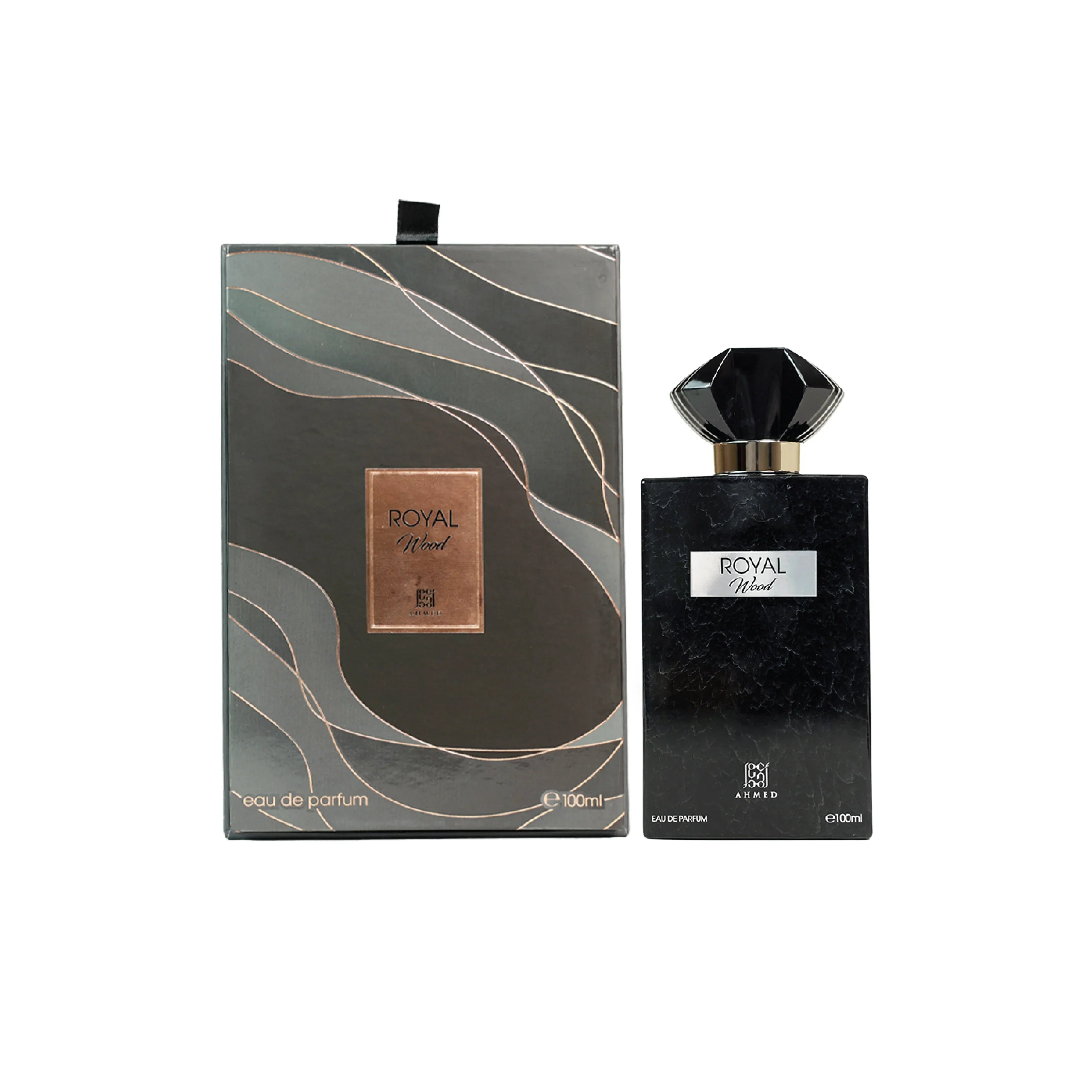 Royal Wood eau de parfum 100ml bottle and luxury gift box with elegant black and gold design