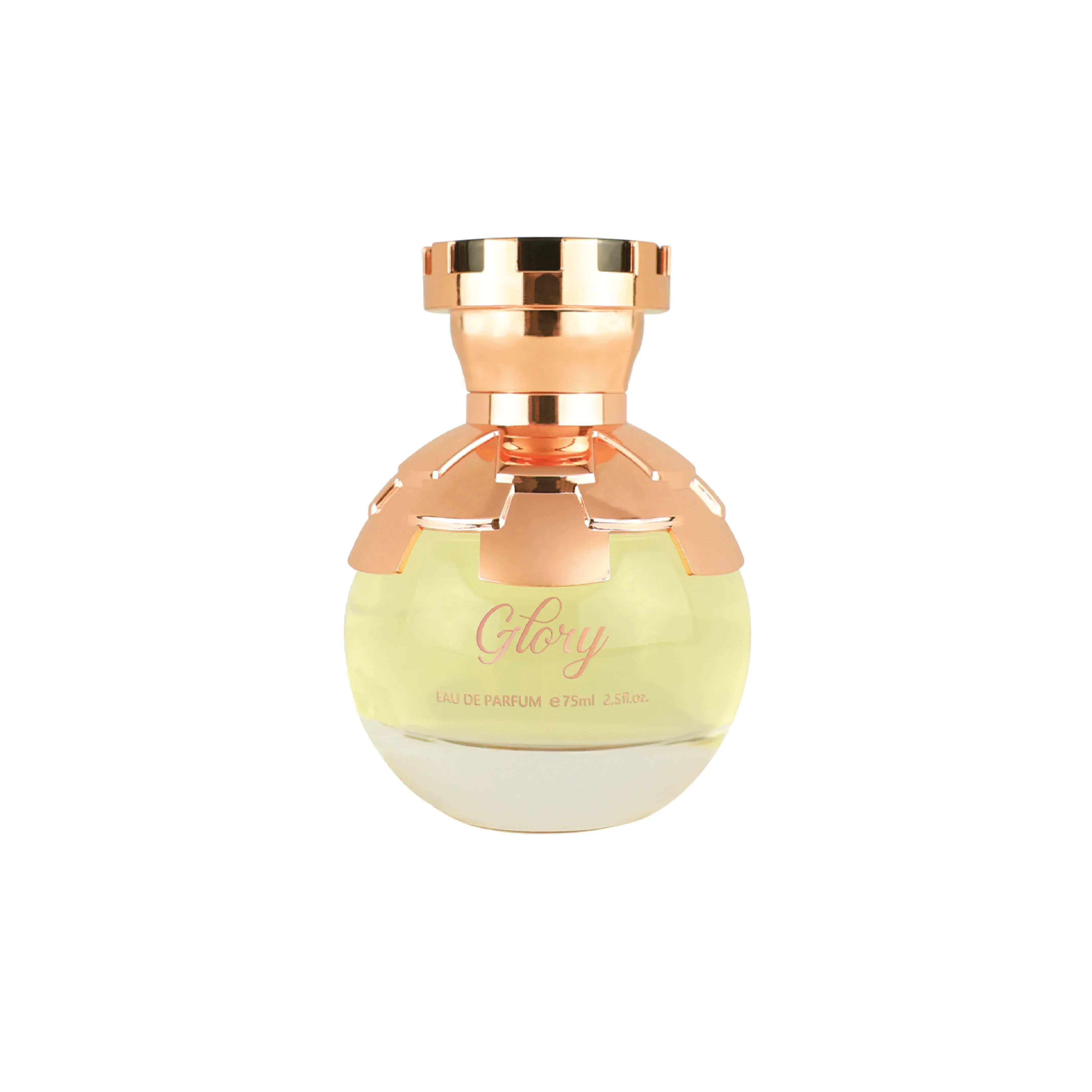 Glory Eau de Parfum bottle with rose gold cap and pale yellow liquid, luxury fragrance design