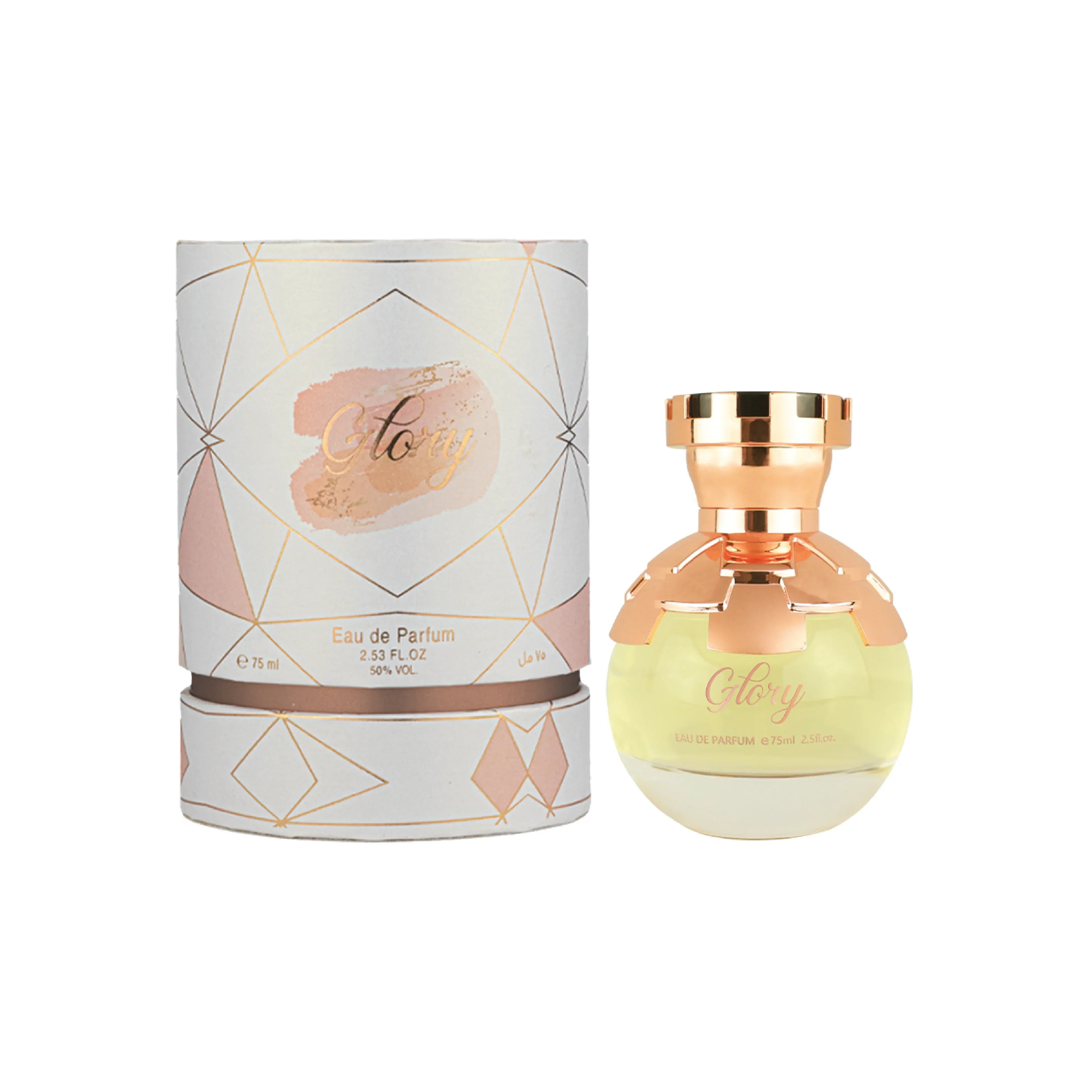 Glory Eau de Parfum 75ml with elegant rose gold bottle and geometric packaging