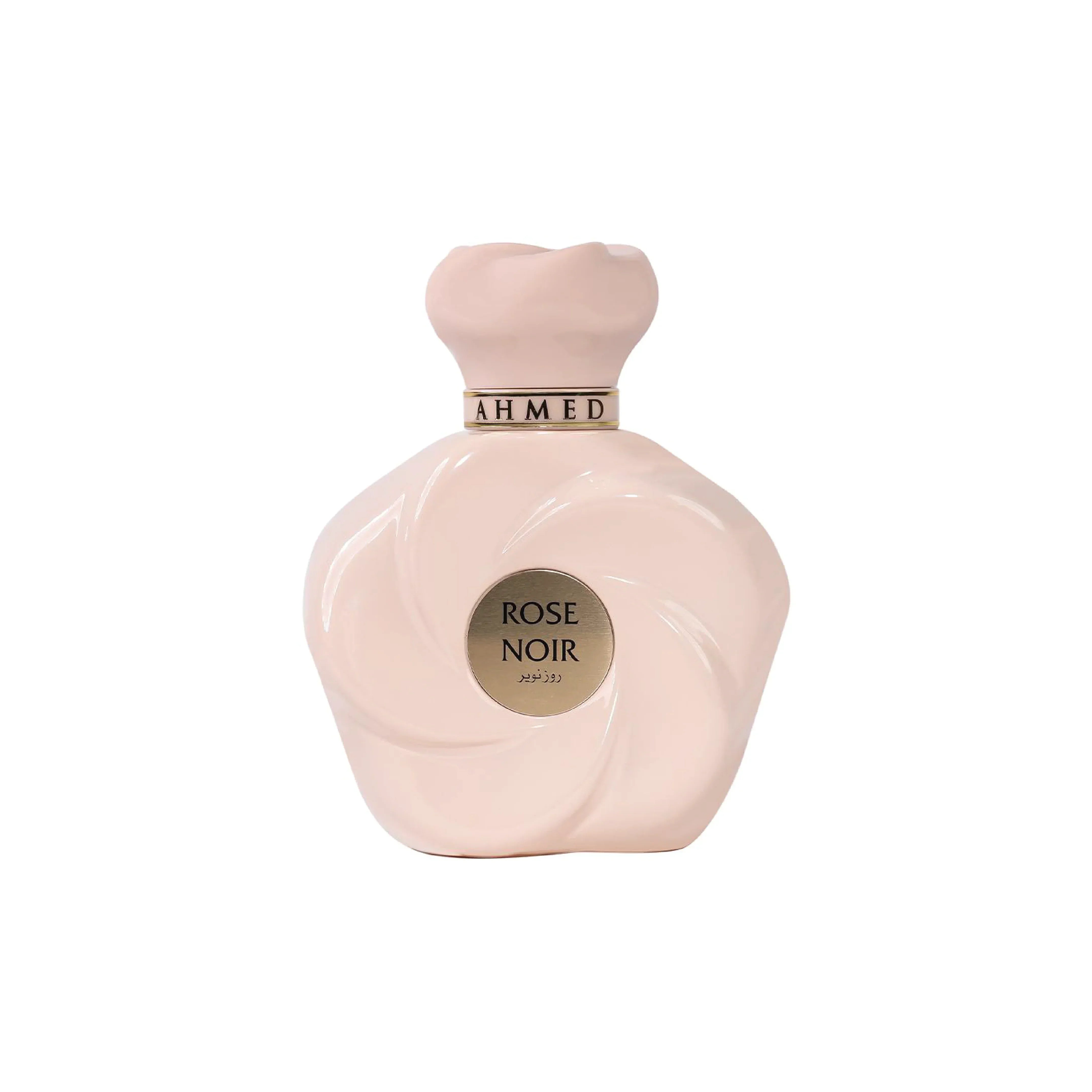 Rose Noir perfume bottle with light pink, rose-shaped design and gold accent label