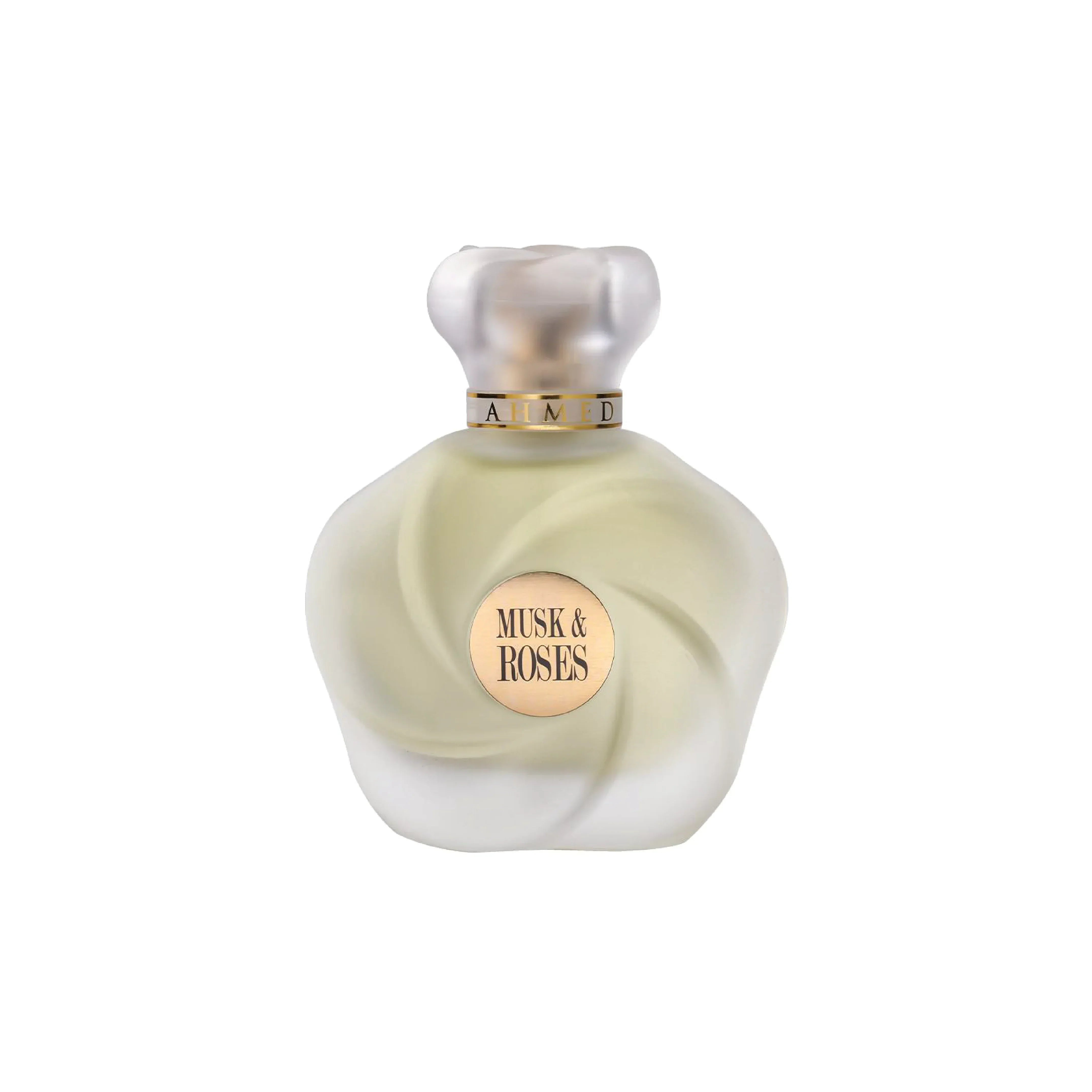 Luxury perfume bottle labeled Musk & Roses with frosted glass and gold accents on white background