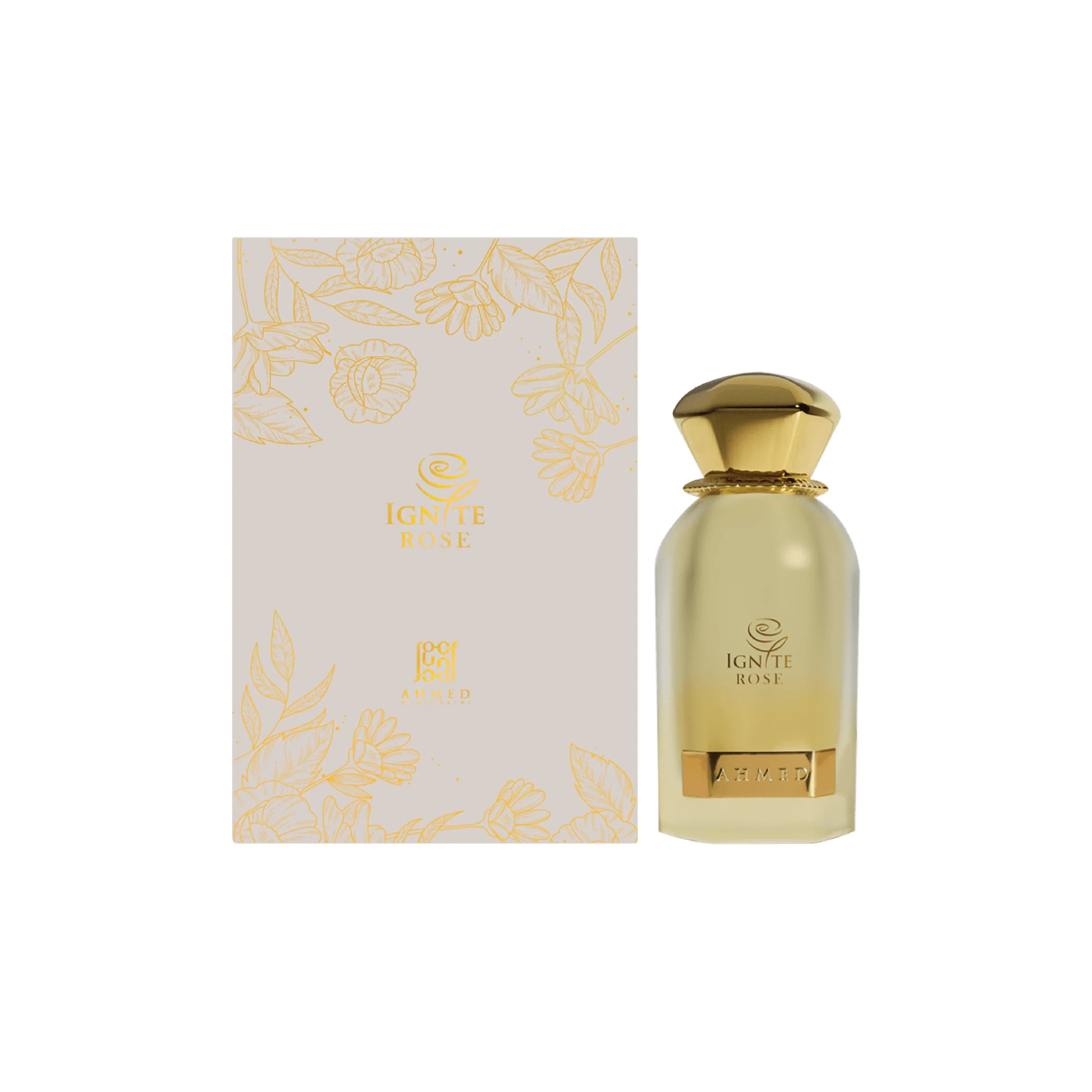 Ignite Rose luxury perfume by Ahmed with elegant gold bottle and floral packaging