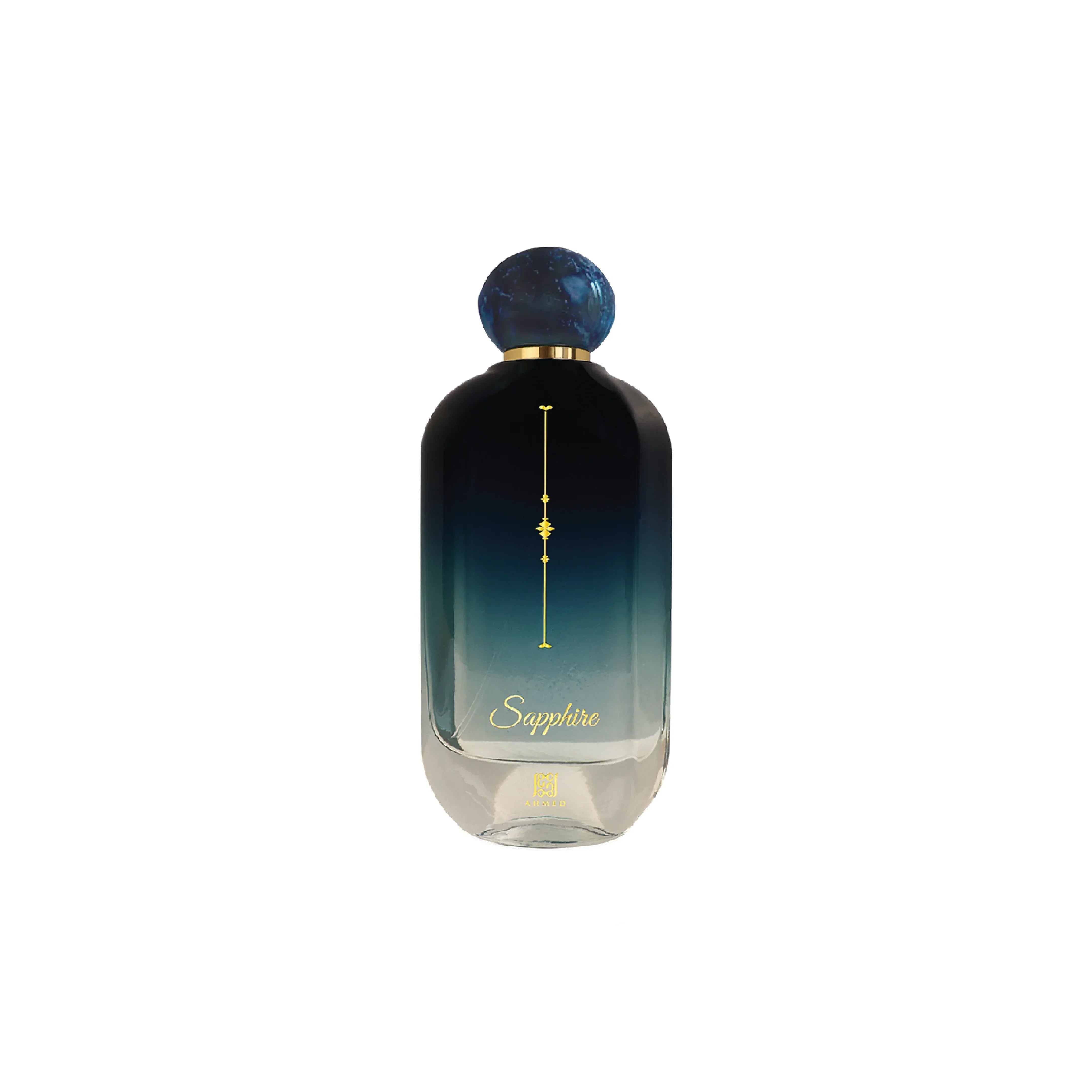 Sapphire luxury perfume bottle with gradient blue design and gold accents
