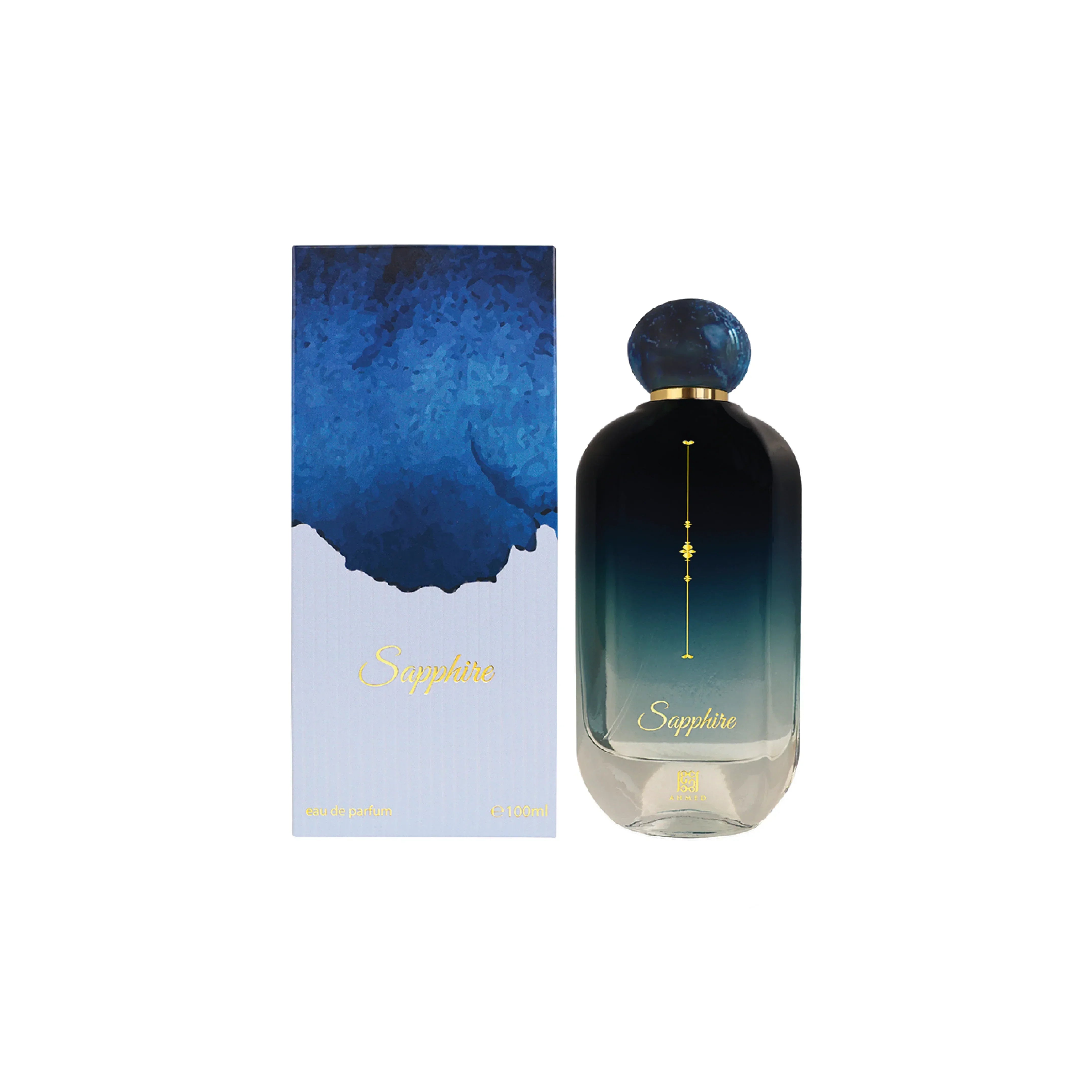 Sapphire eau de parfum bottle with blue gradient design and matching box, luxury fragrance
