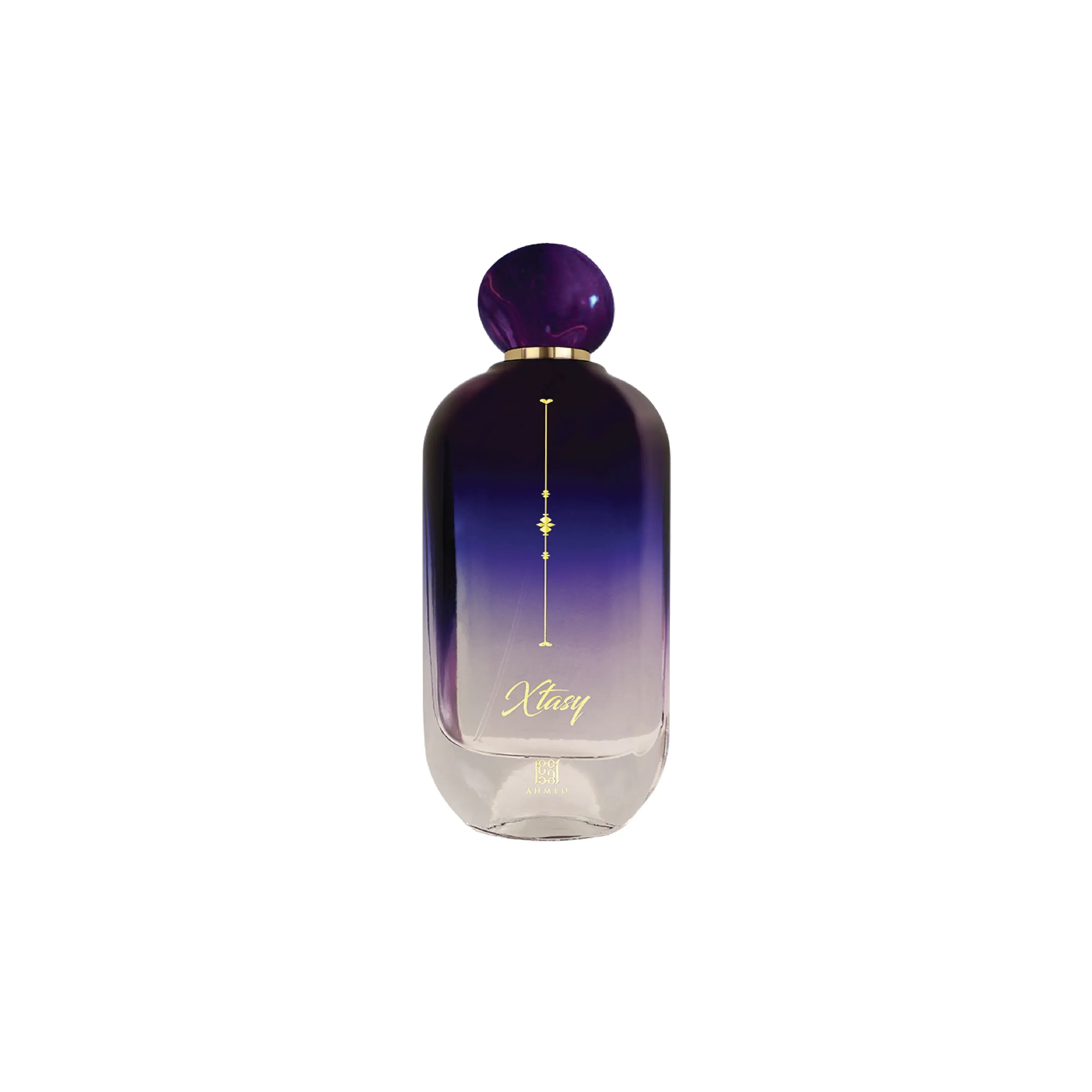 Luxury purple gradient perfume bottle with gold accents and 'Xtasy' label, Middle Eastern fragrance
