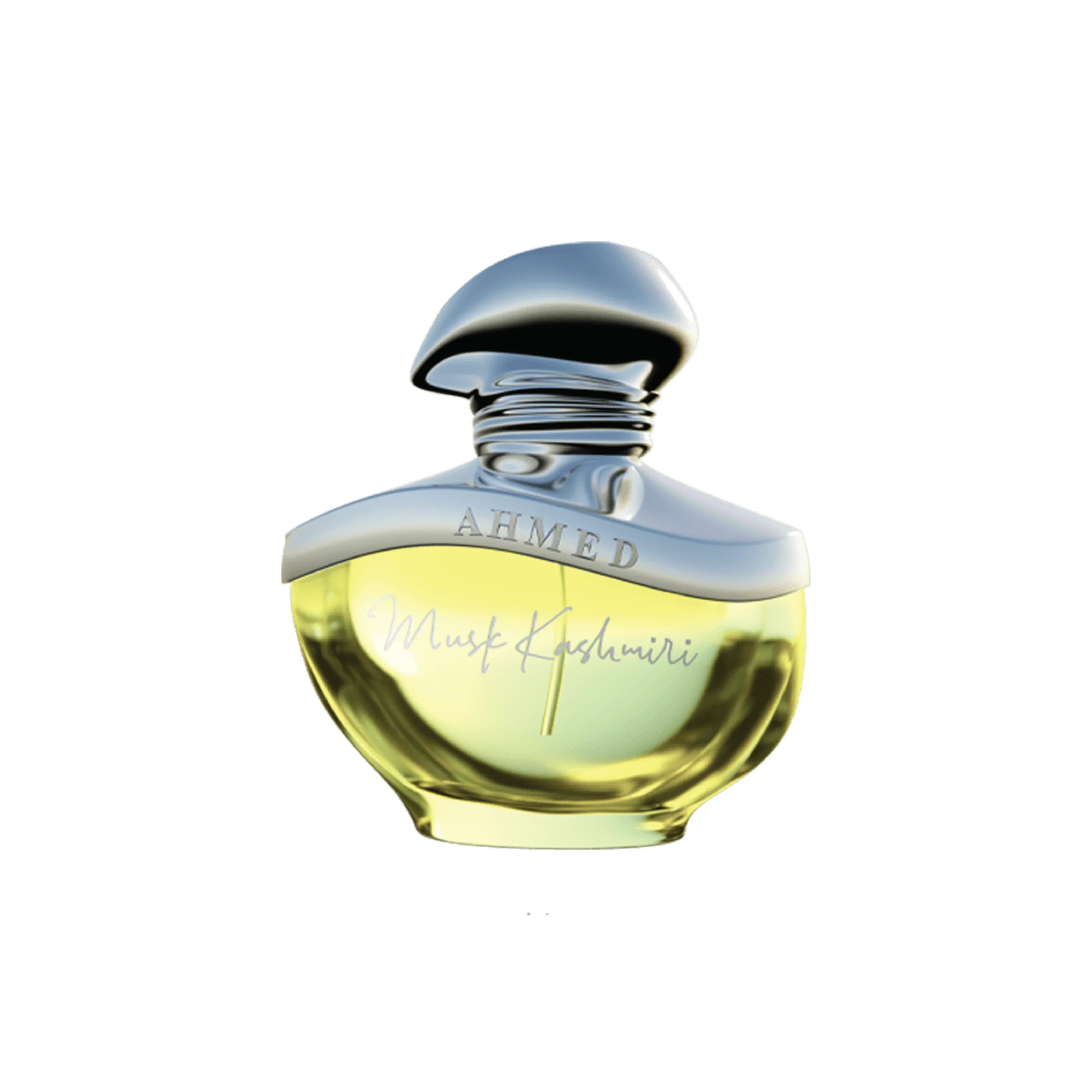 Ahmed Musk Kashmiri luxury perfume bottle with elegant silver cap and golden hue