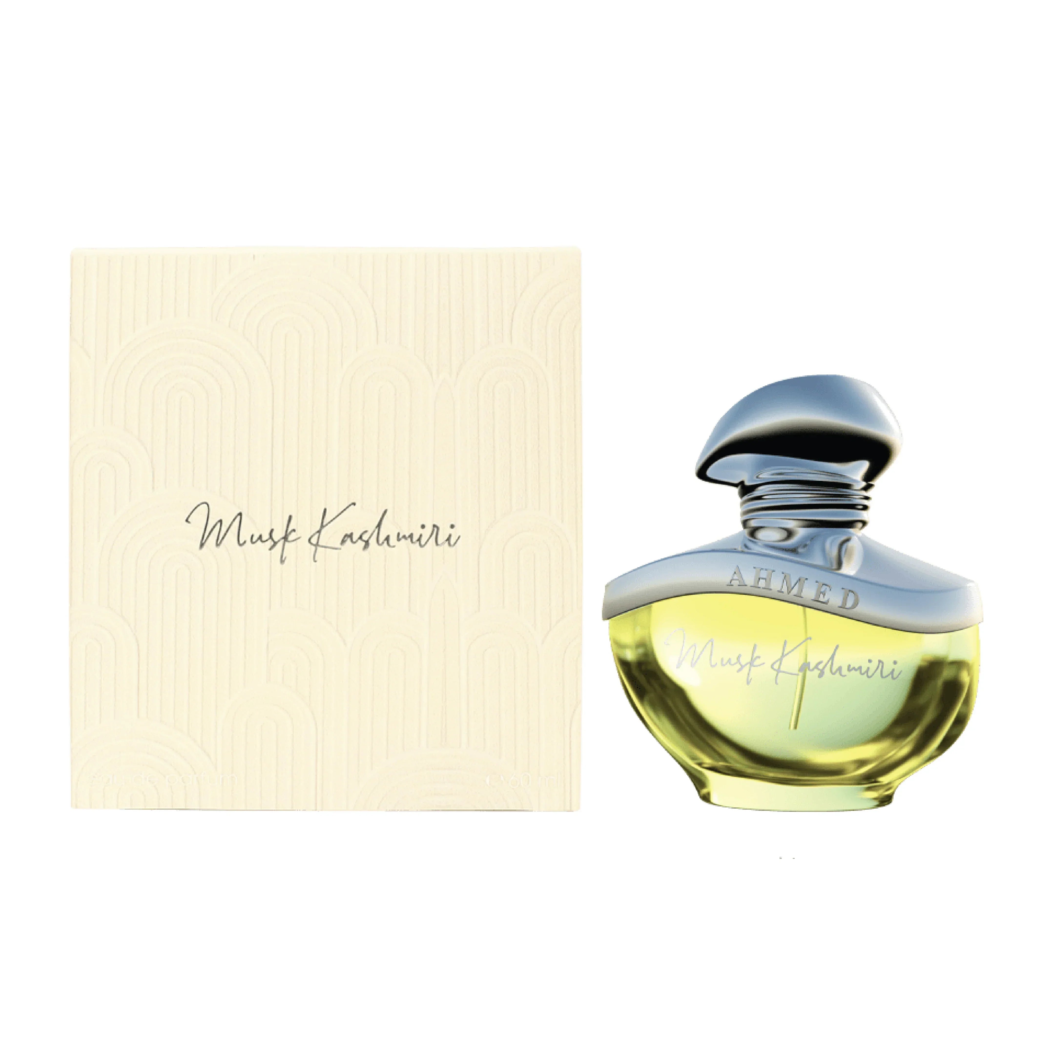 Musk Kashmiri perfume bottle with elegant silver cap and matching gift box, luxury Middle Eastern fragrance