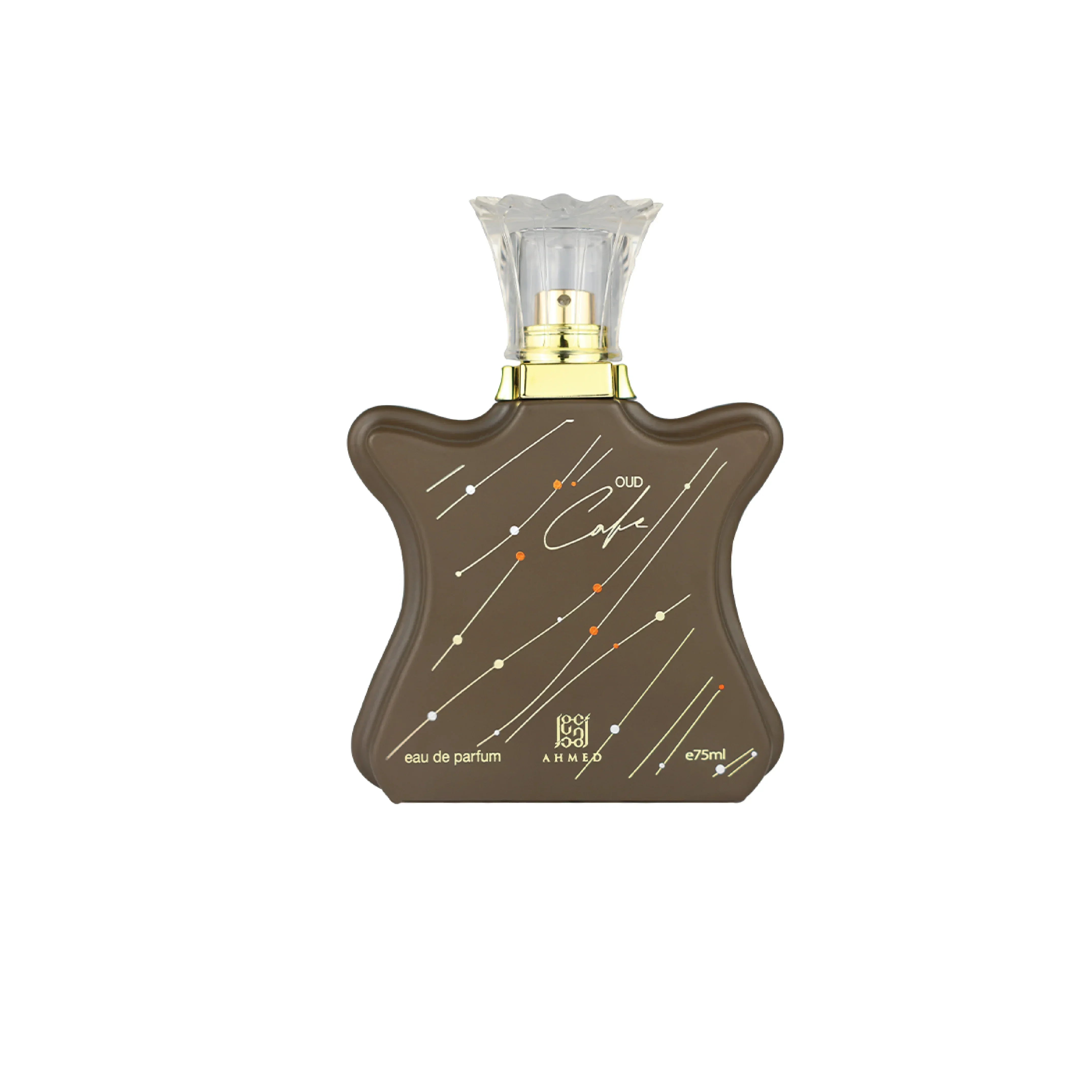 Luxury Oud Cafe eau de parfum bottle with elegant brown design and gold accents, 75ml