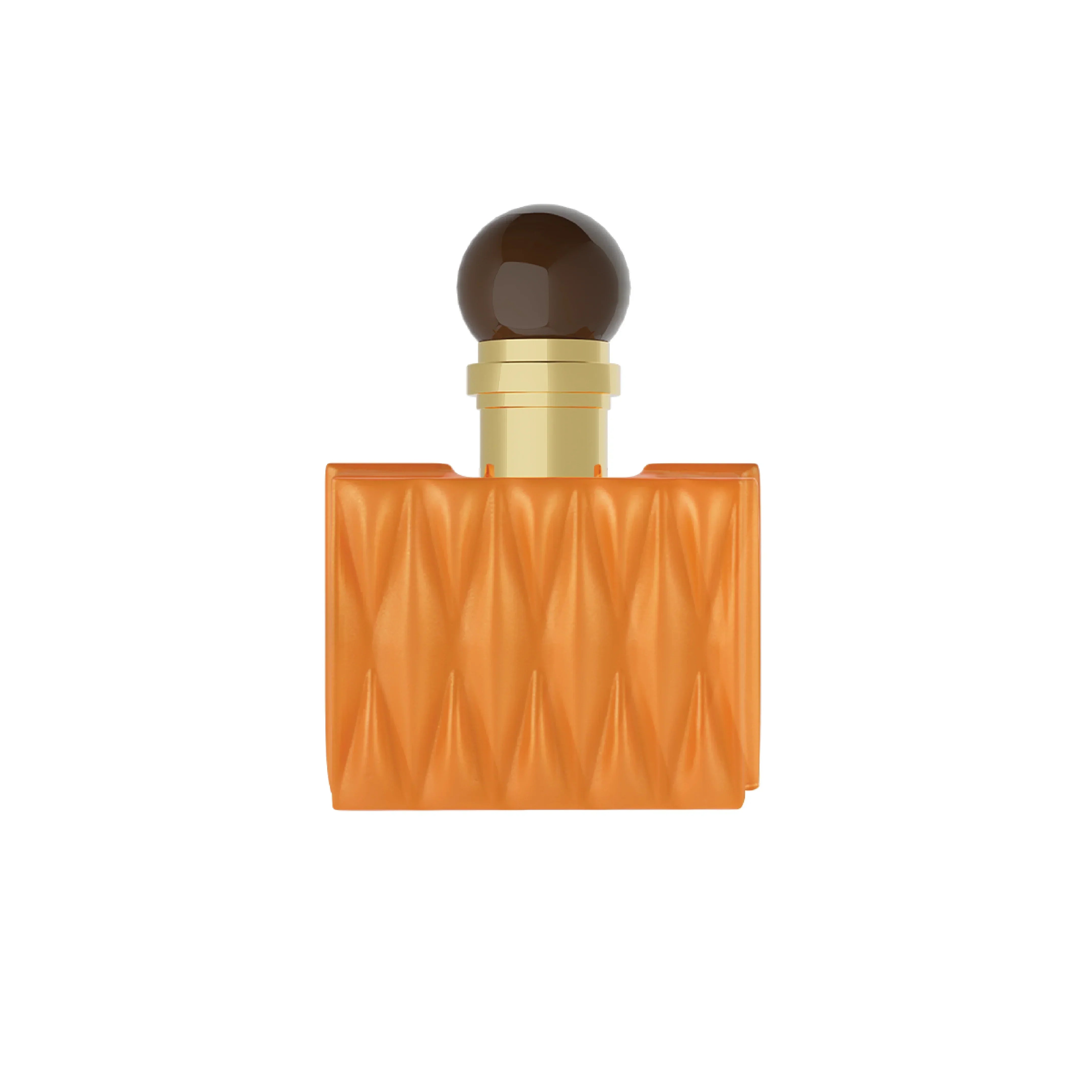Luxury orange perfume bottle with textured design and gold cap
